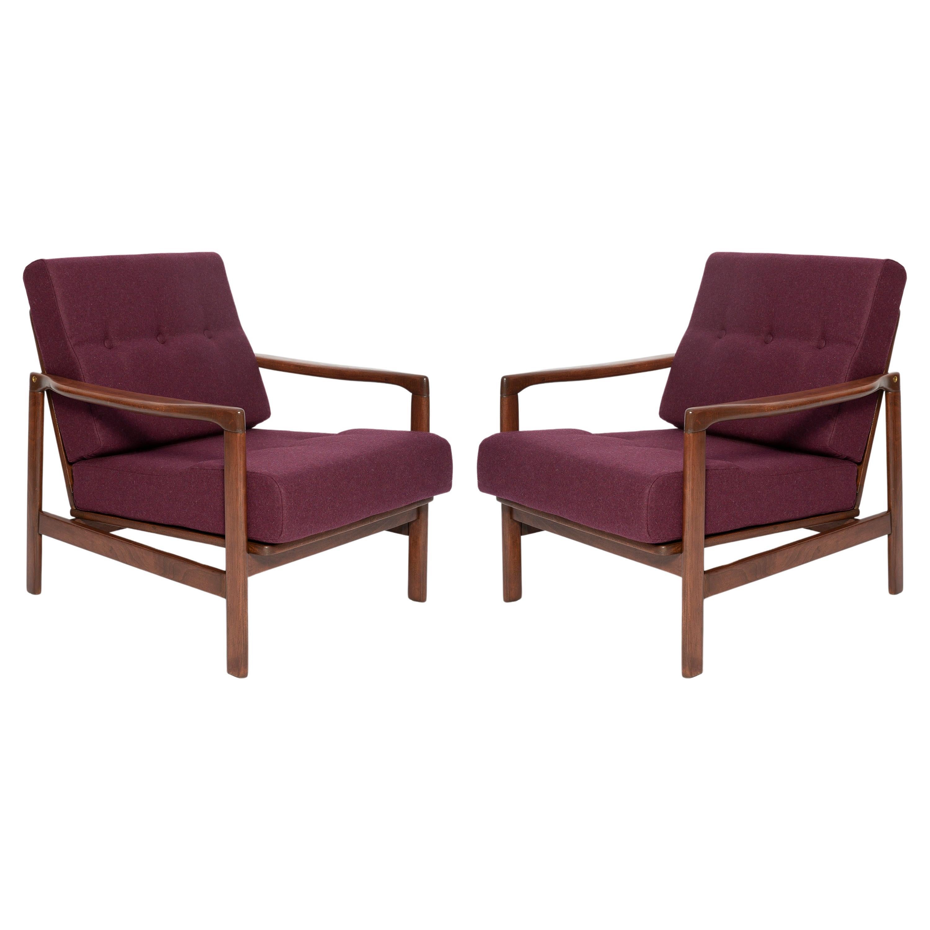 Pair of Mid Century Purple Wool Velvet Armchairs, Zenon Baczyk, Poland, 1960s For Sale