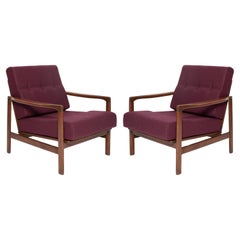 Pair of Mid Century Purple Wool Velvet Armchairs, Zenon Baczyk, Poland, 1960s