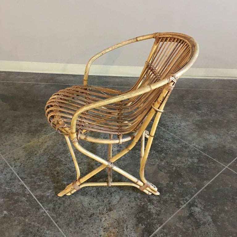 Hand-Crafted Pair of Midcentury Rattan and Bamboo Armchairs For Sale