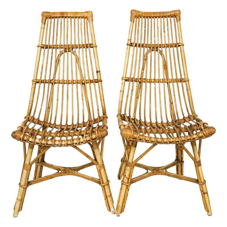 Pair of Midcentury Rattan and Bamboo High Back Chairs