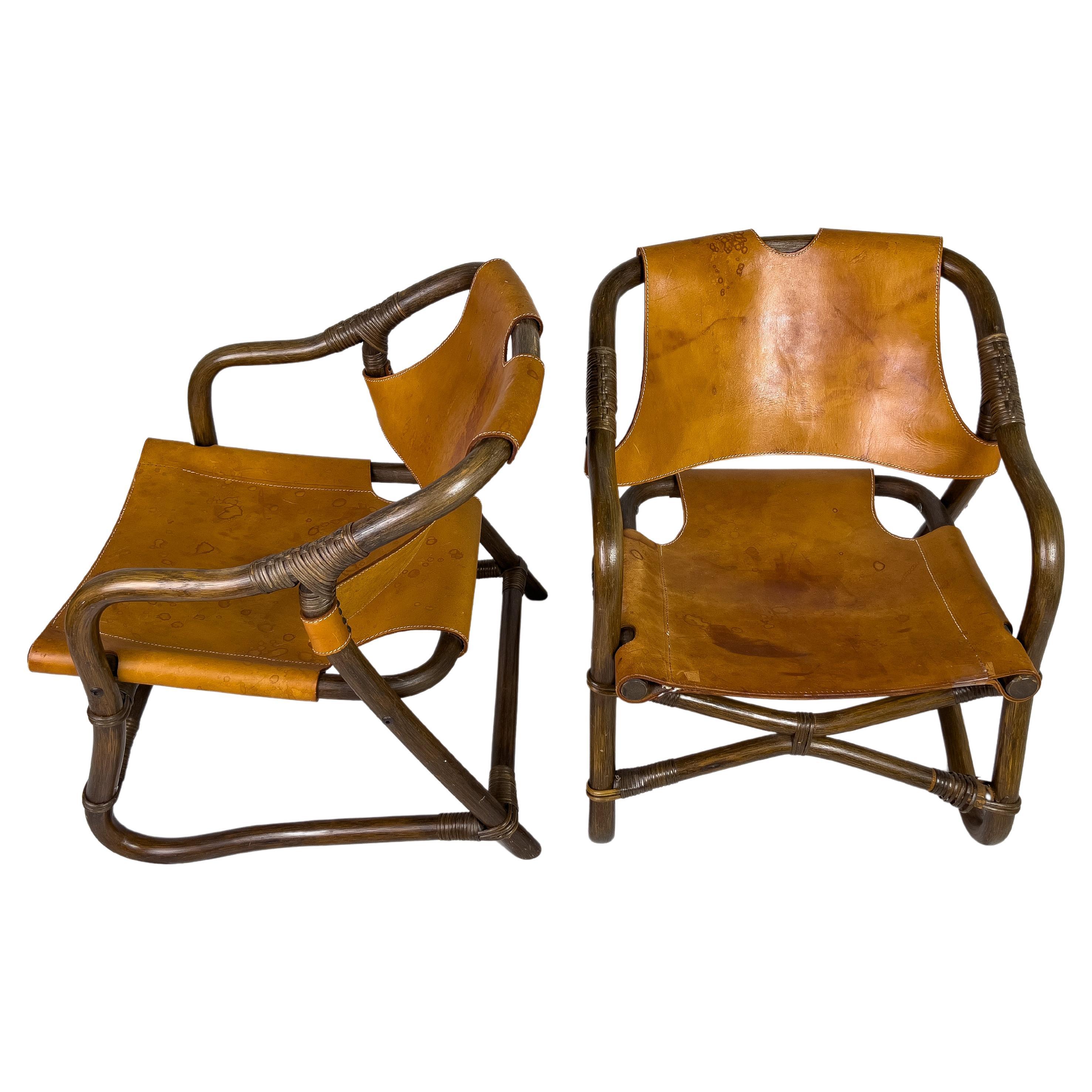 Pair of Midcentury Rattan and Leather Chairs