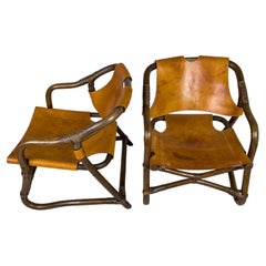 Pair of Midcentury Rattan and Leather Chairs