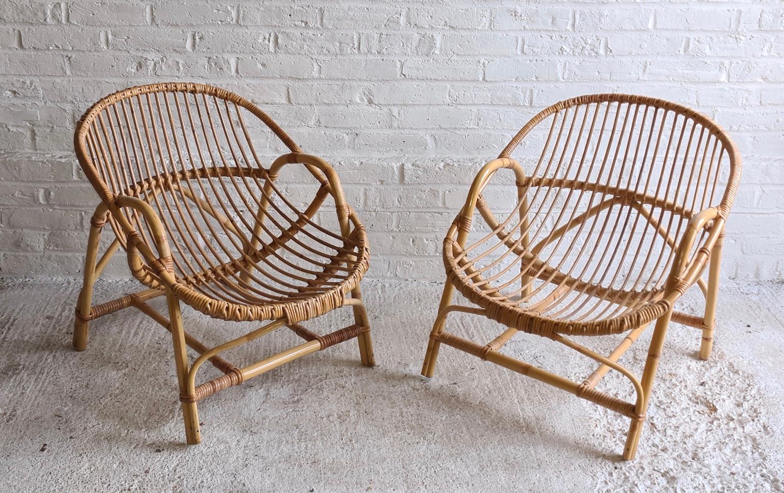 British Pair of Mid Century Rattan / Cane Armchairs by Angraves, England, 1970s