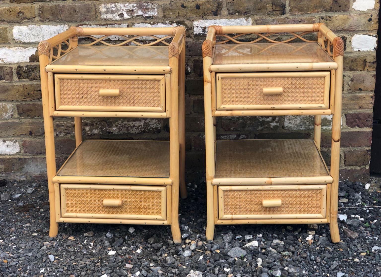 Mid-Century Modern Pair of Mid Century Rattan / Cane Nightstands / Bedside Tables, English, 1970s