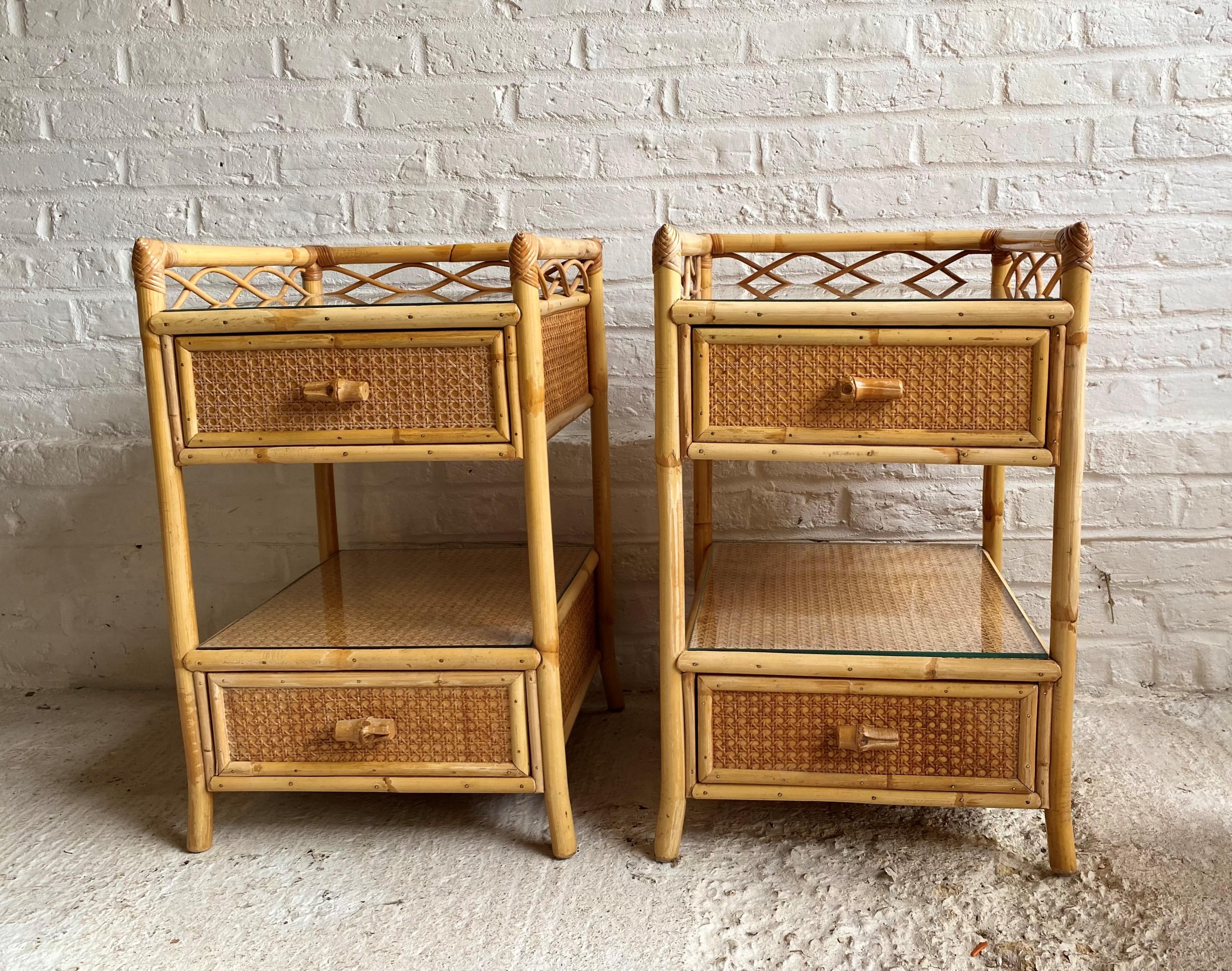 British Pair of Mid Century Rattan / Cane Nightstands / Bedside Tables, English, 1970s