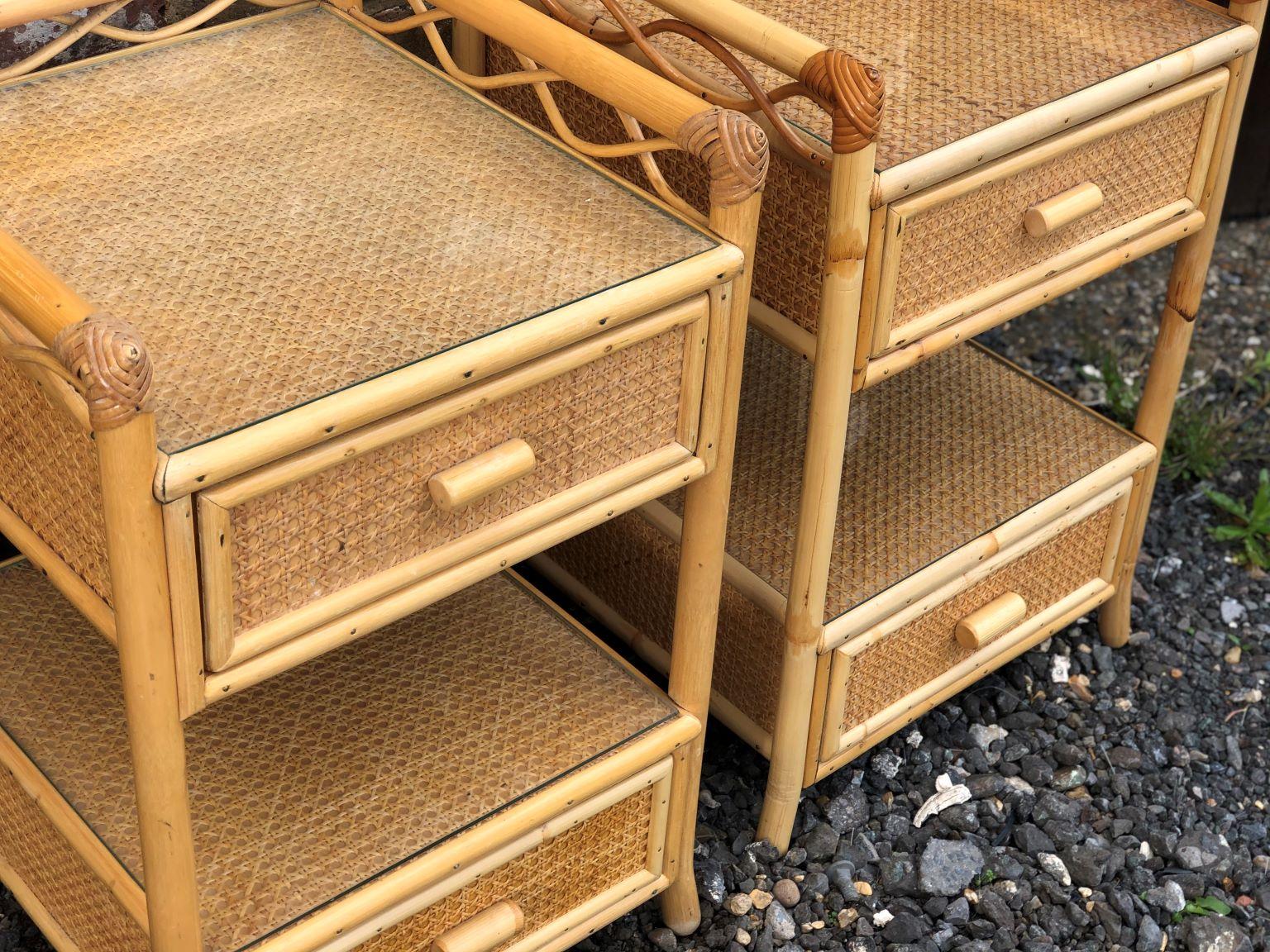 Late 20th Century Pair of Mid Century Rattan / Cane Nightstands / Bedside Tables, English, 1970s