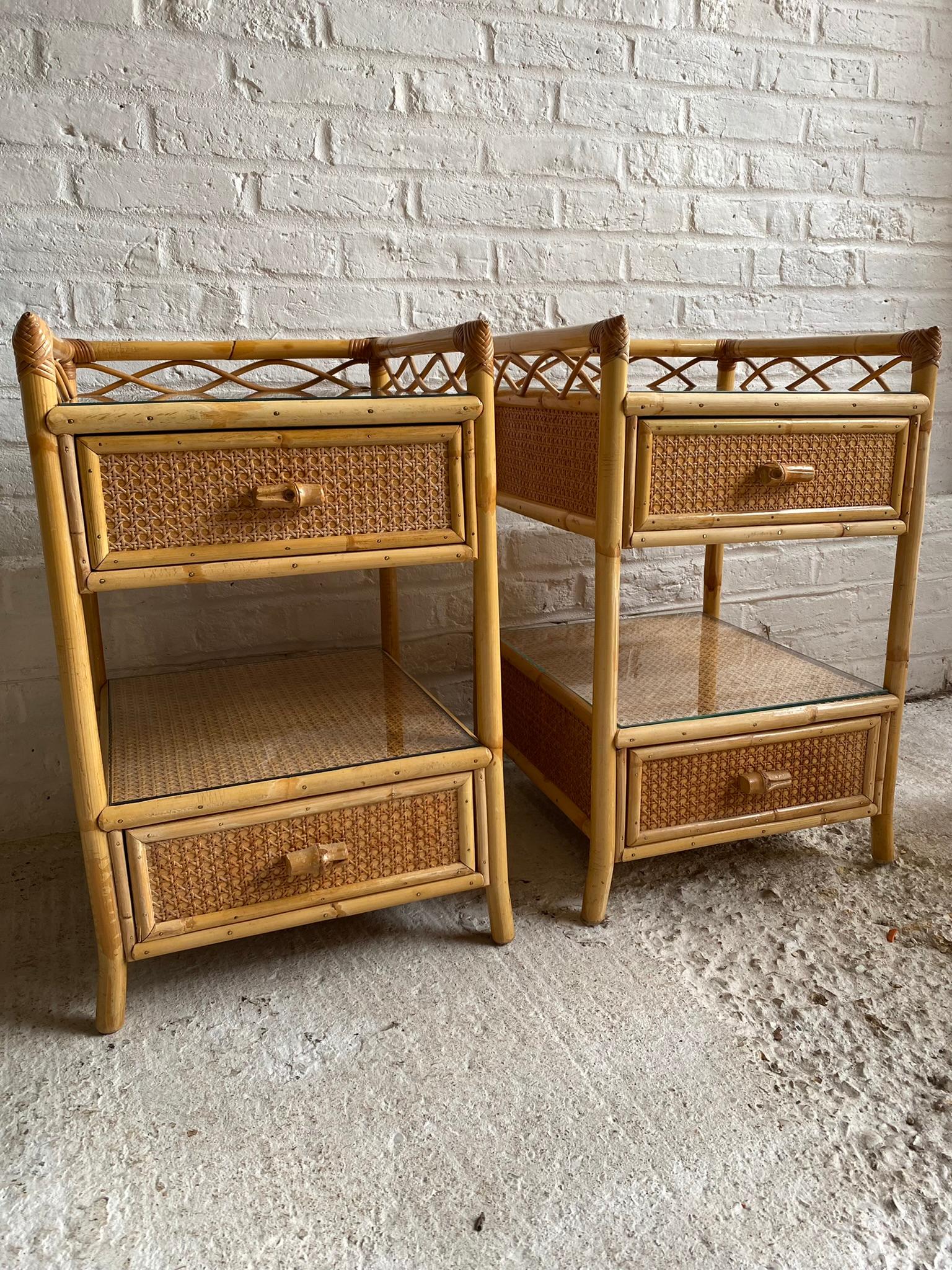 Late 20th Century Pair of Mid Century Rattan / Cane Nightstands / Bedside Tables, English, 1970s