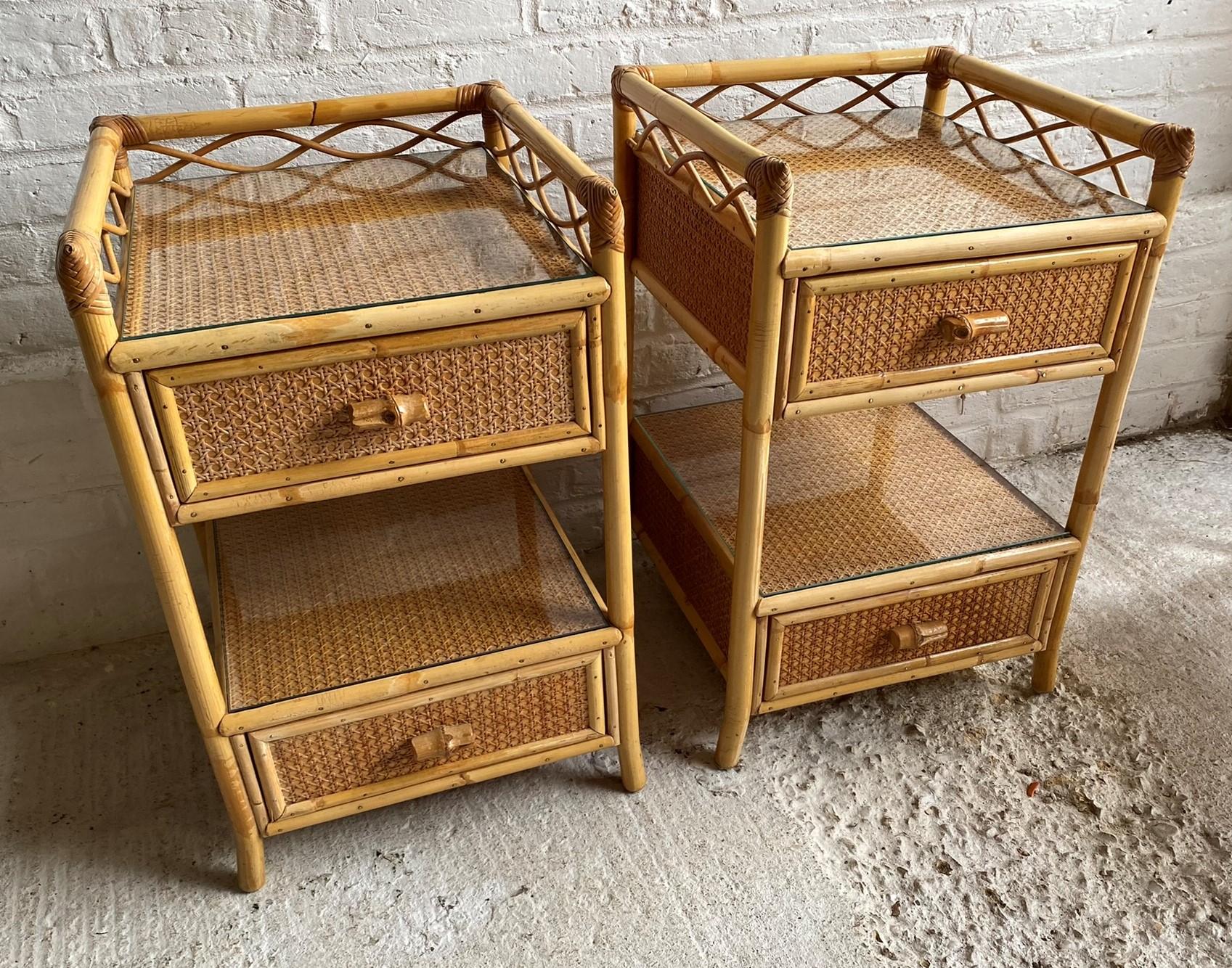 Glass Pair of Mid Century Rattan / Cane Nightstands / Bedside Tables, English, 1970s