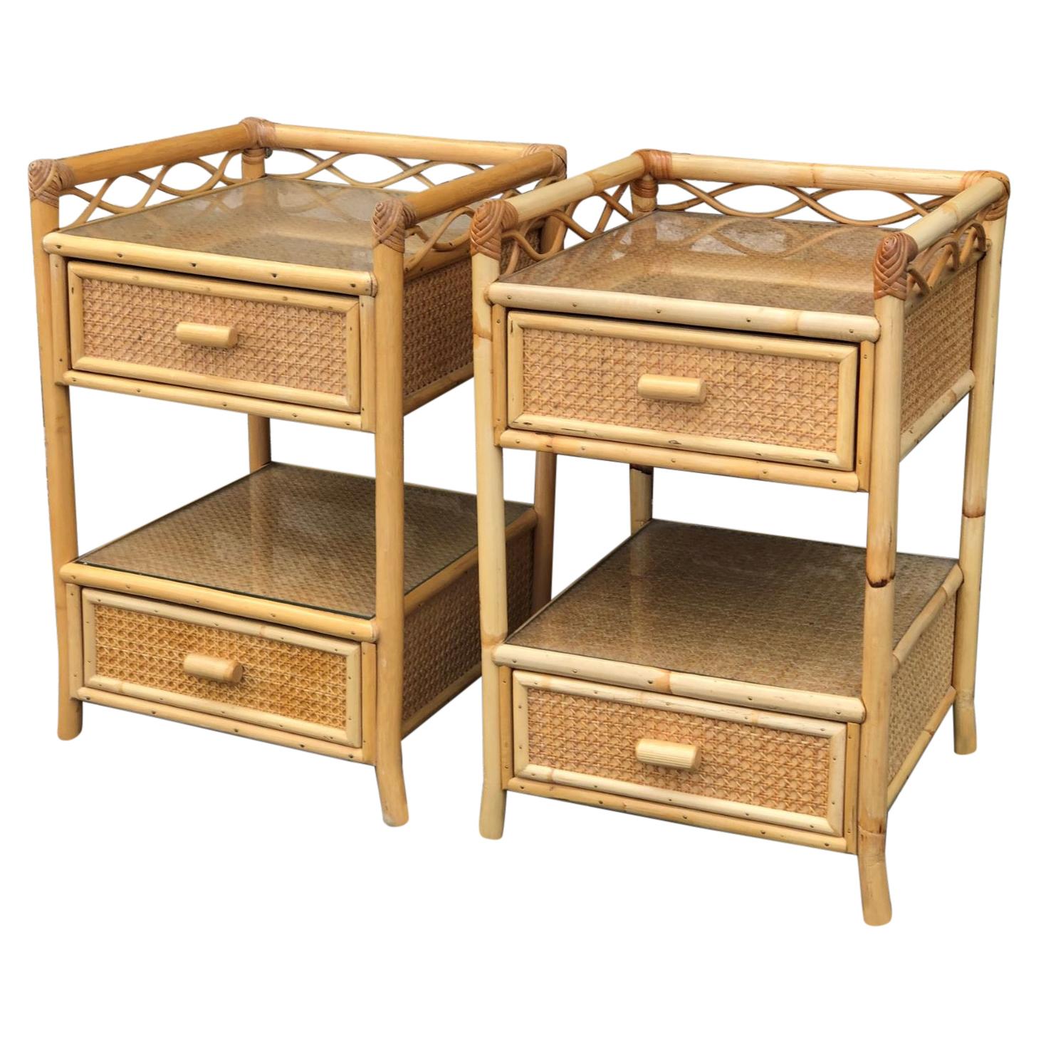 Pair of Mid Century Rattan / Cane Nightstands / Bedside Tables, English, 1970s