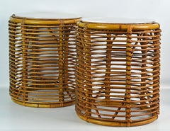 Pair of Midcentury Rattan Cylinder Acrylic Top Small End Tables or Stools