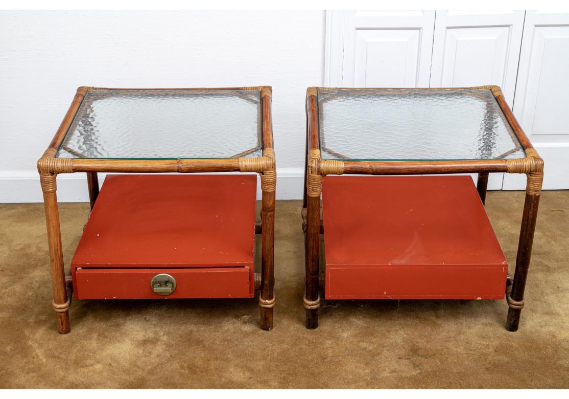 Pair Of Mid Century Rattan, Glass & Wood End Tables For Sale 4