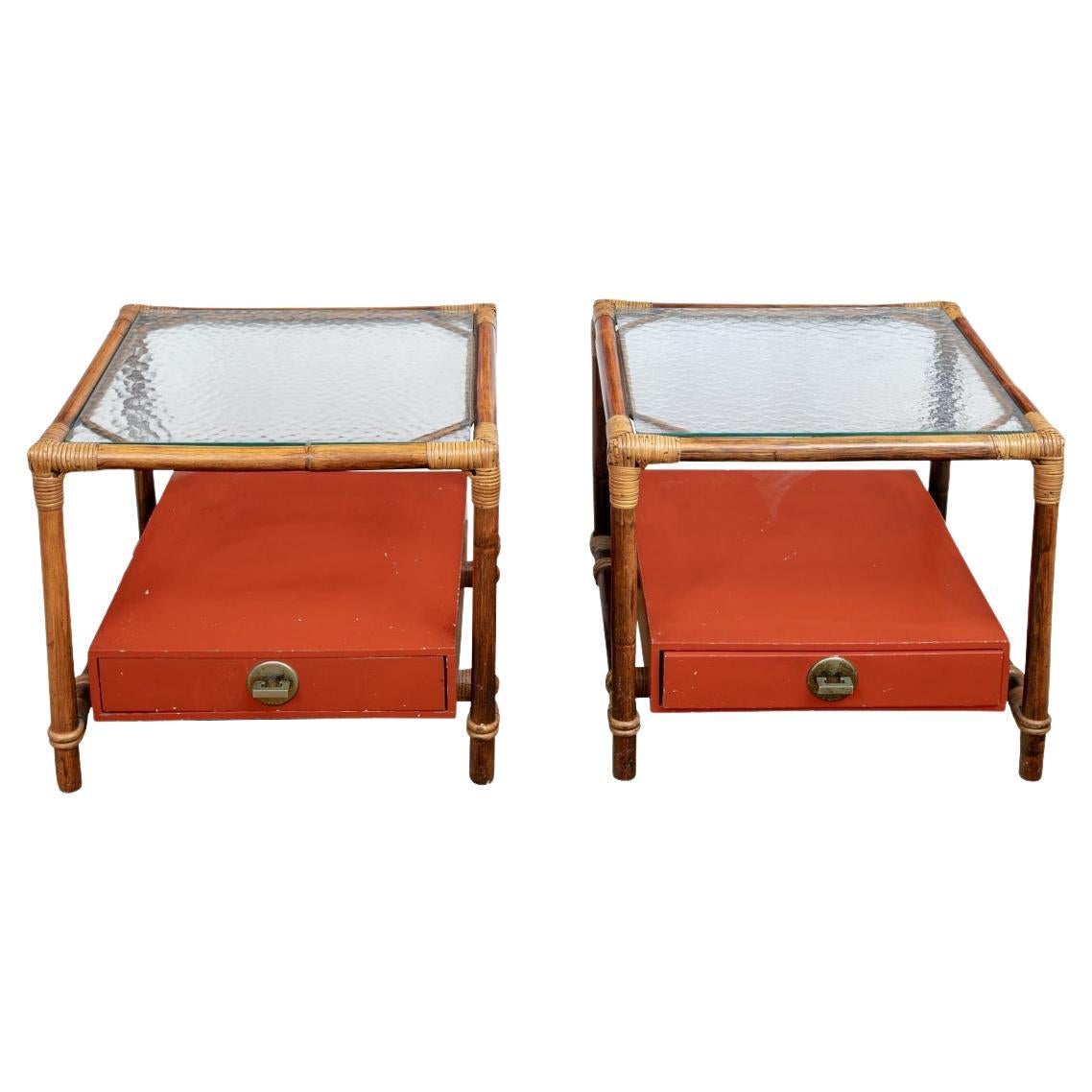 Pair Of Mid Century Rattan, Glass & Wood End Tables