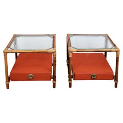 Vintage Pair Of Mid Century Rattan, Glass & Wood End Tables