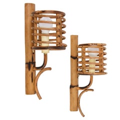 Pair of Mid-Century Rattan "Lantern" Sconces Attributed to Louis Sognot, 1960s