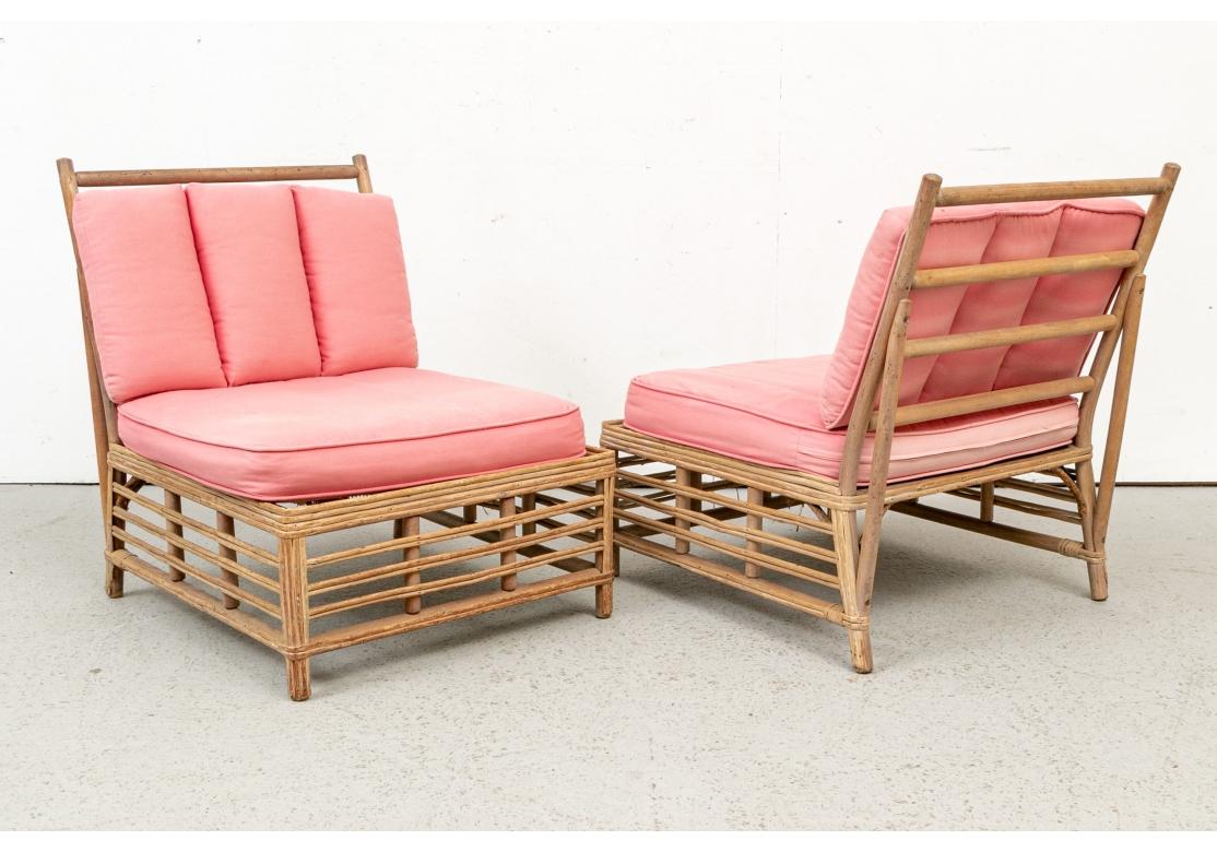 Fabric Pair of Midcentury Rattan Lounge Chairs