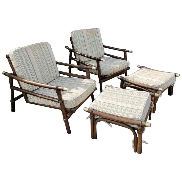 Pair of Midcentury Rattan Lounge Chairs and Two Ottomans by Ficks and Reed For Sale at 1stDibs