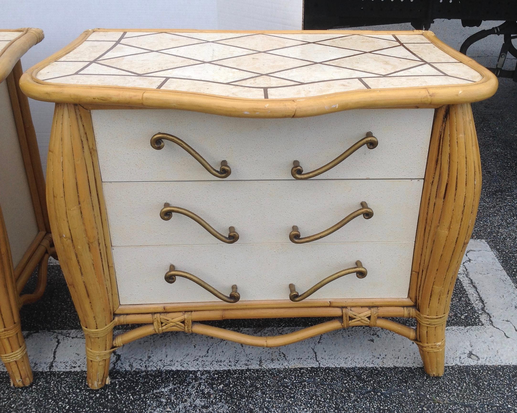 Pair of Midcentury Rattan Nightstands In Good Condition In West Palm Beach, FL