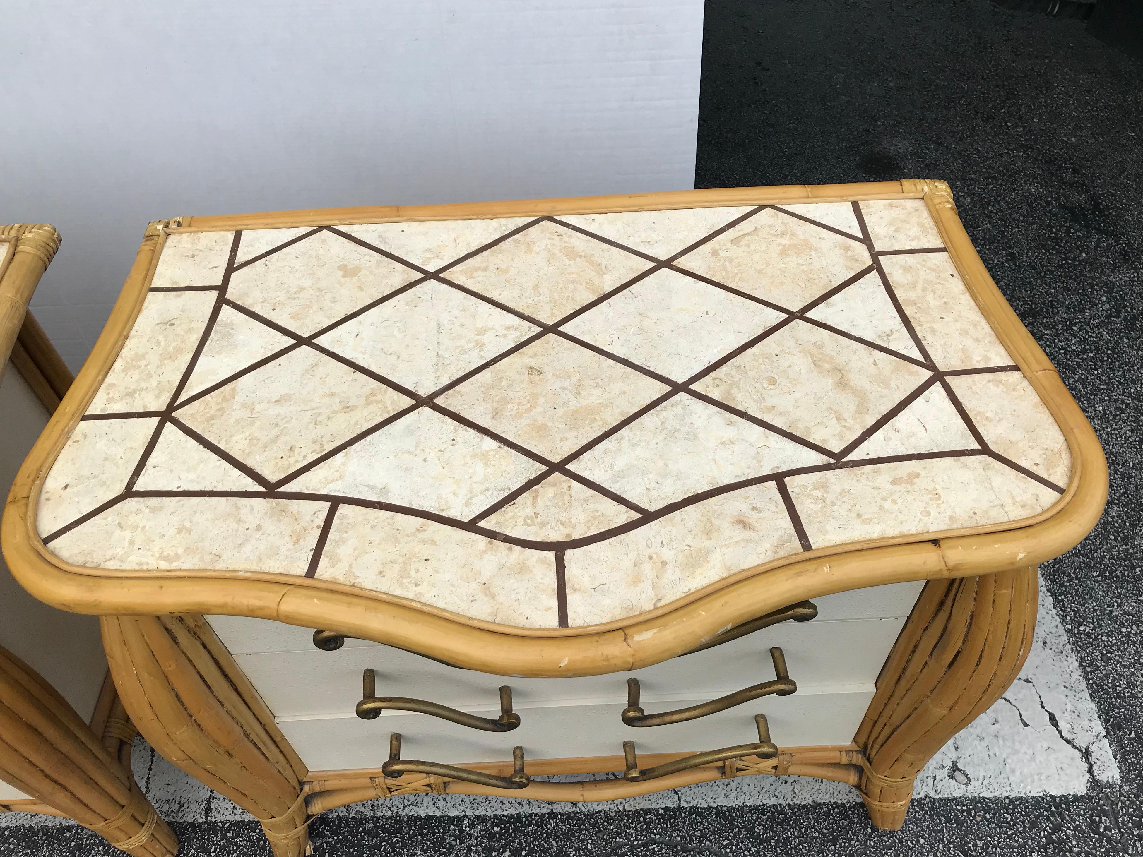 Stone Pair of Midcentury Rattan Nightstands