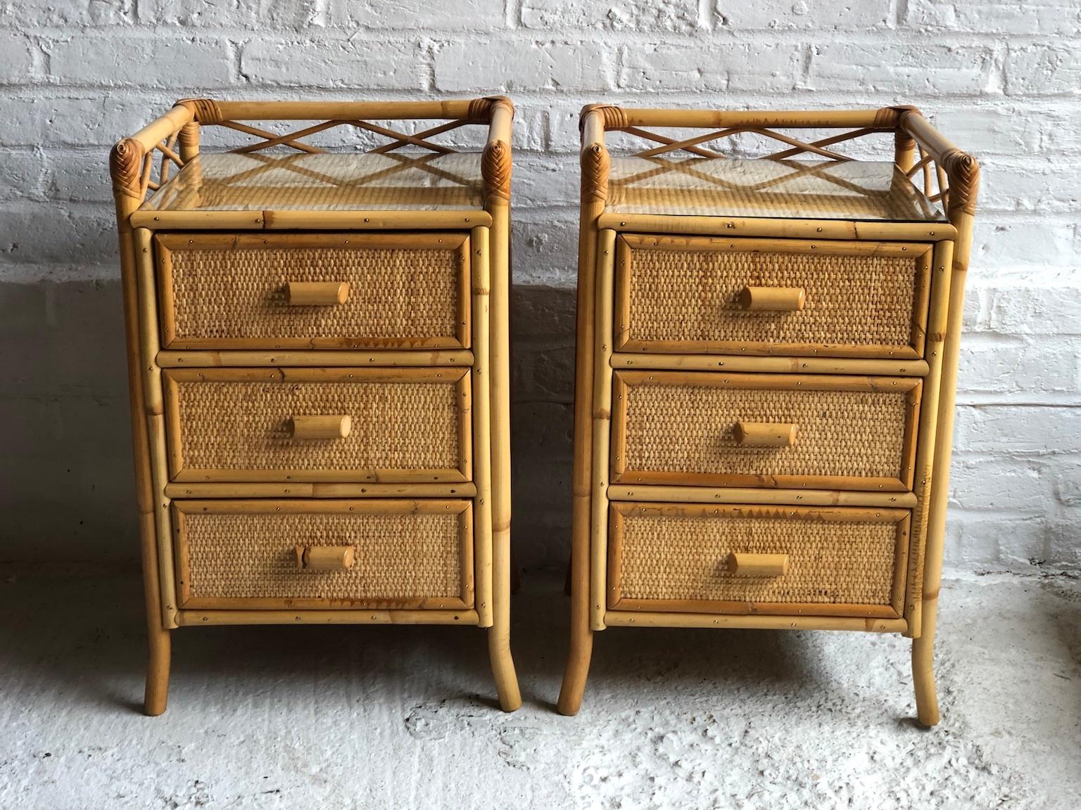 Late 20th Century Pair of Midcentury Rattan Nightstands / Bedside Drawers by Angraves, ENG. 1970s