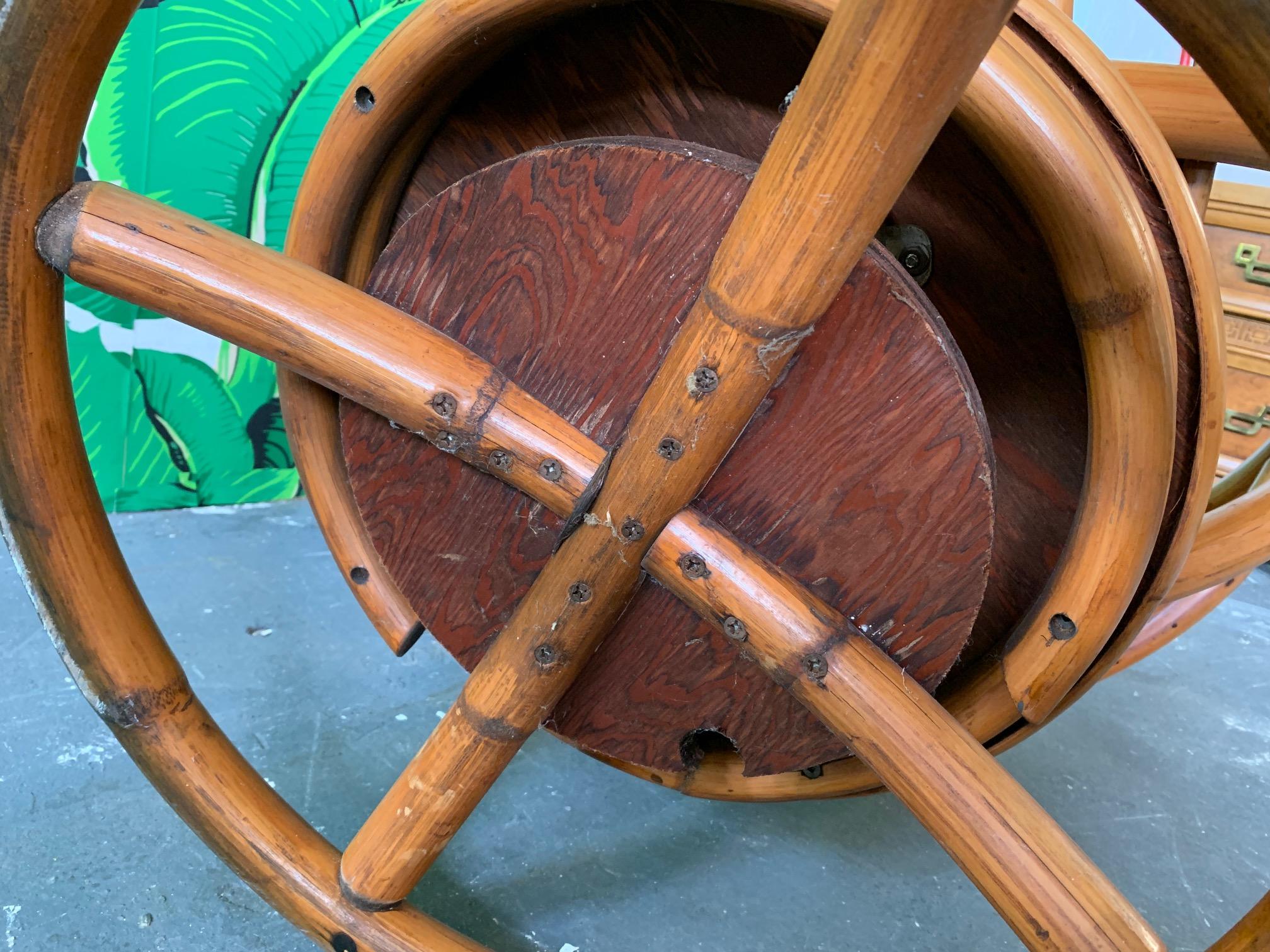 Bamboo Pair of Midcentury Rattan Rocking Swivel Lounge Chairs