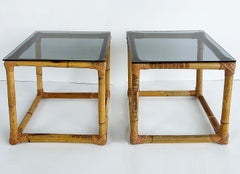 Pair of Mid-Century Rattan Side Tables with Glass Tops