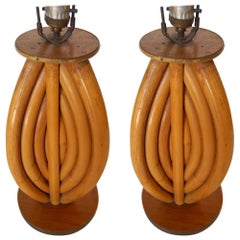 Used Pair of Midcentury Rattan Table Lamps with Tri-Shape Pattern and Mahogany Caps