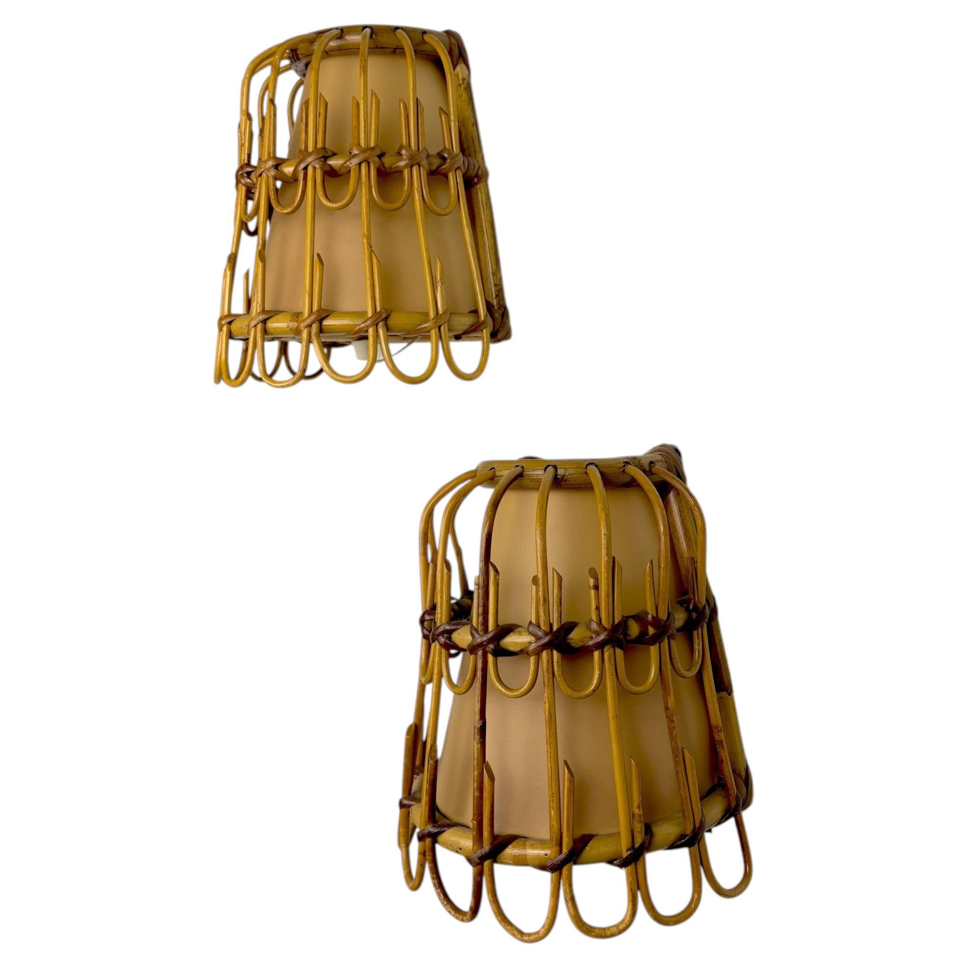 Coppia di lampade da parete in rattan di metà secolo, Italia, circa 1960