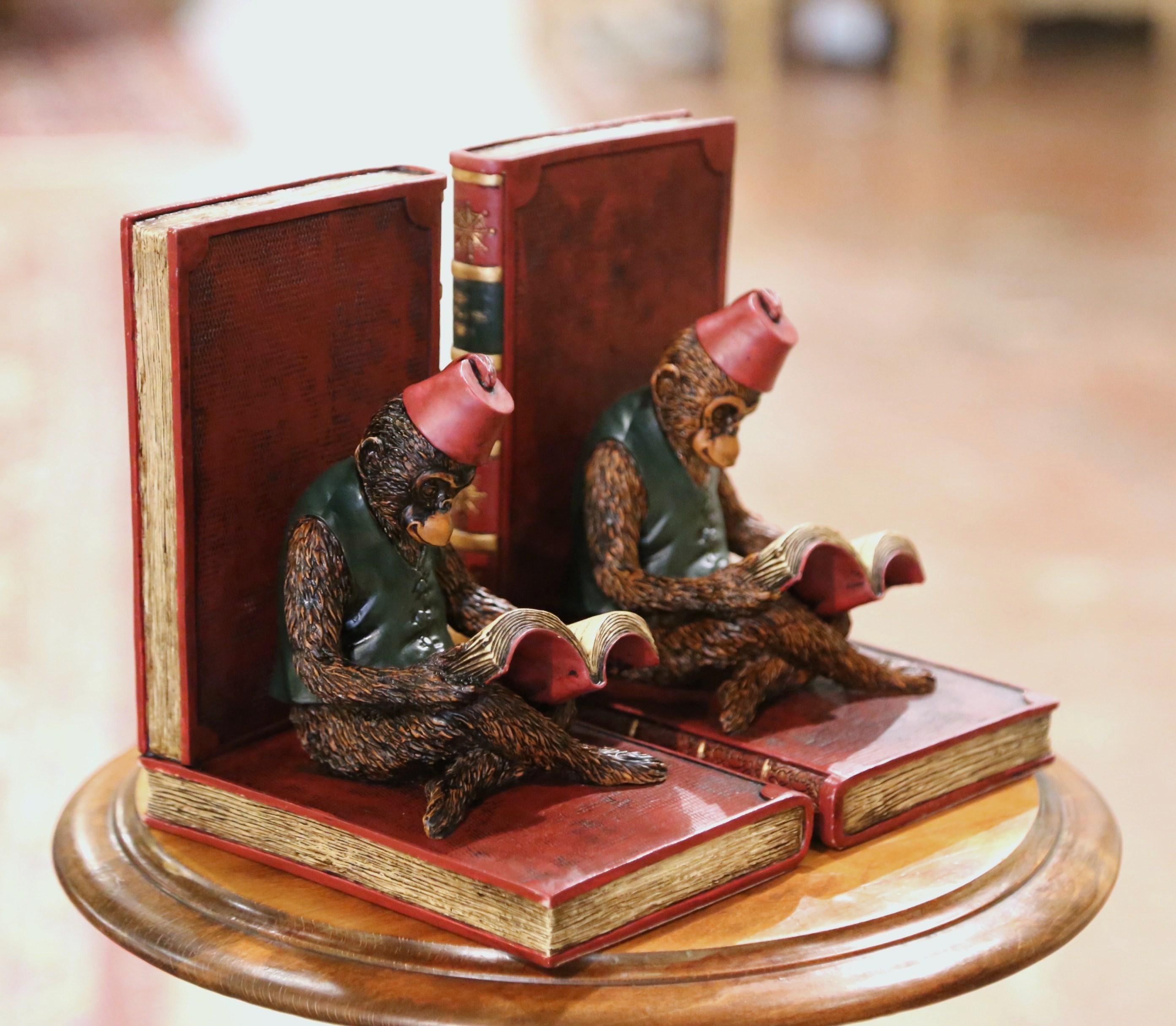 French Pair of Mid-Century Reading Shriner Monkey Sculpture Bookends For Sale