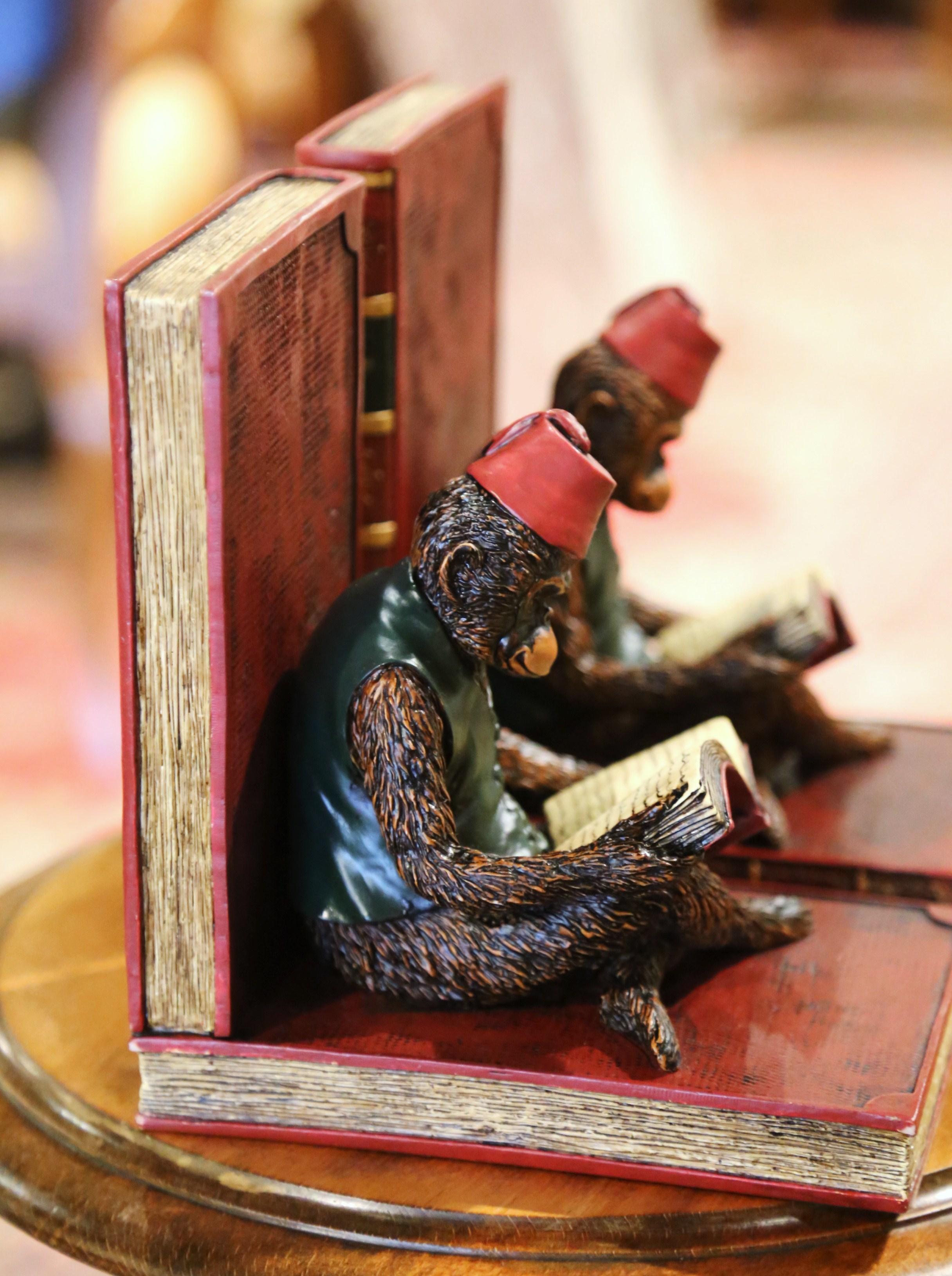 Hand-Painted Pair of Mid-Century Reading Shriner Monkey Sculpture Bookends For Sale