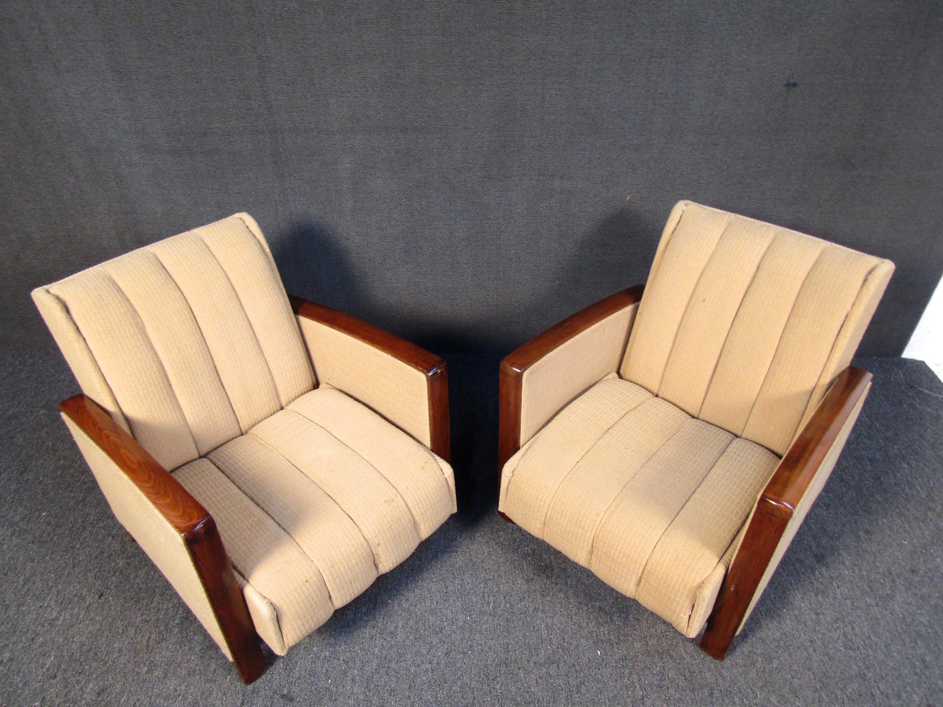 Wood Pair of Mid-Century Reclining Arm Chairs