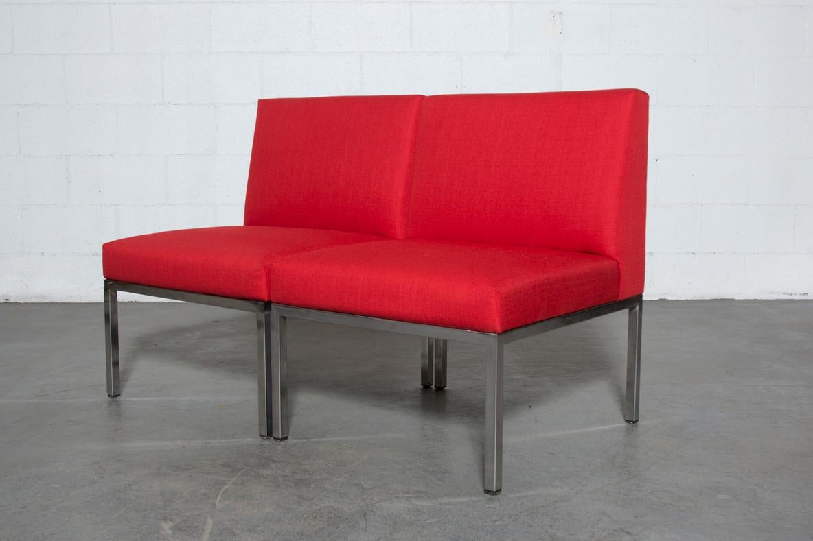 Mid-Century Modern Pair of Mid-Century Red and Polished Chrome Artifort Armless Lounge Chairs For Sale
