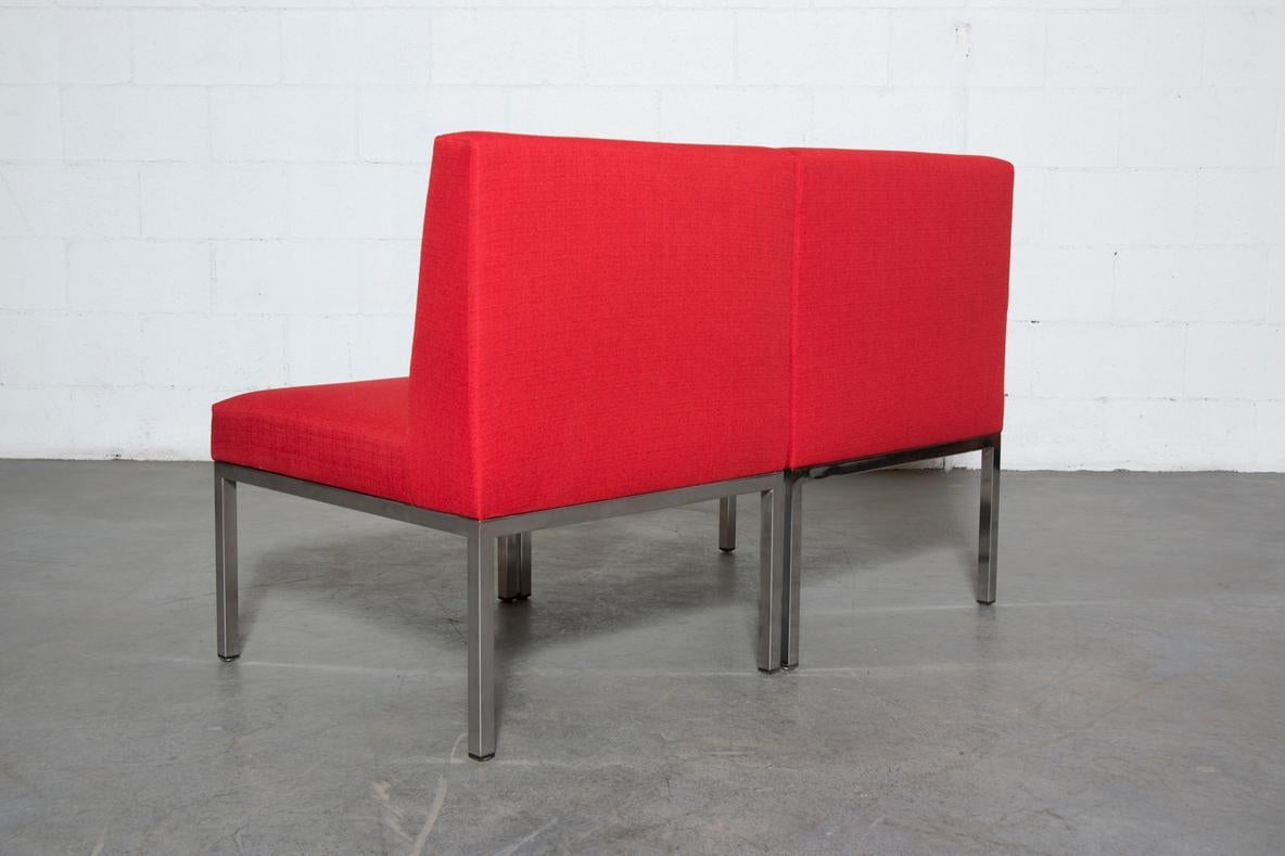 Pair of Mid-Century Red and Polished Chrome Artifort Armless Lounge Chairs In Good Condition For Sale In Los Angeles, CA