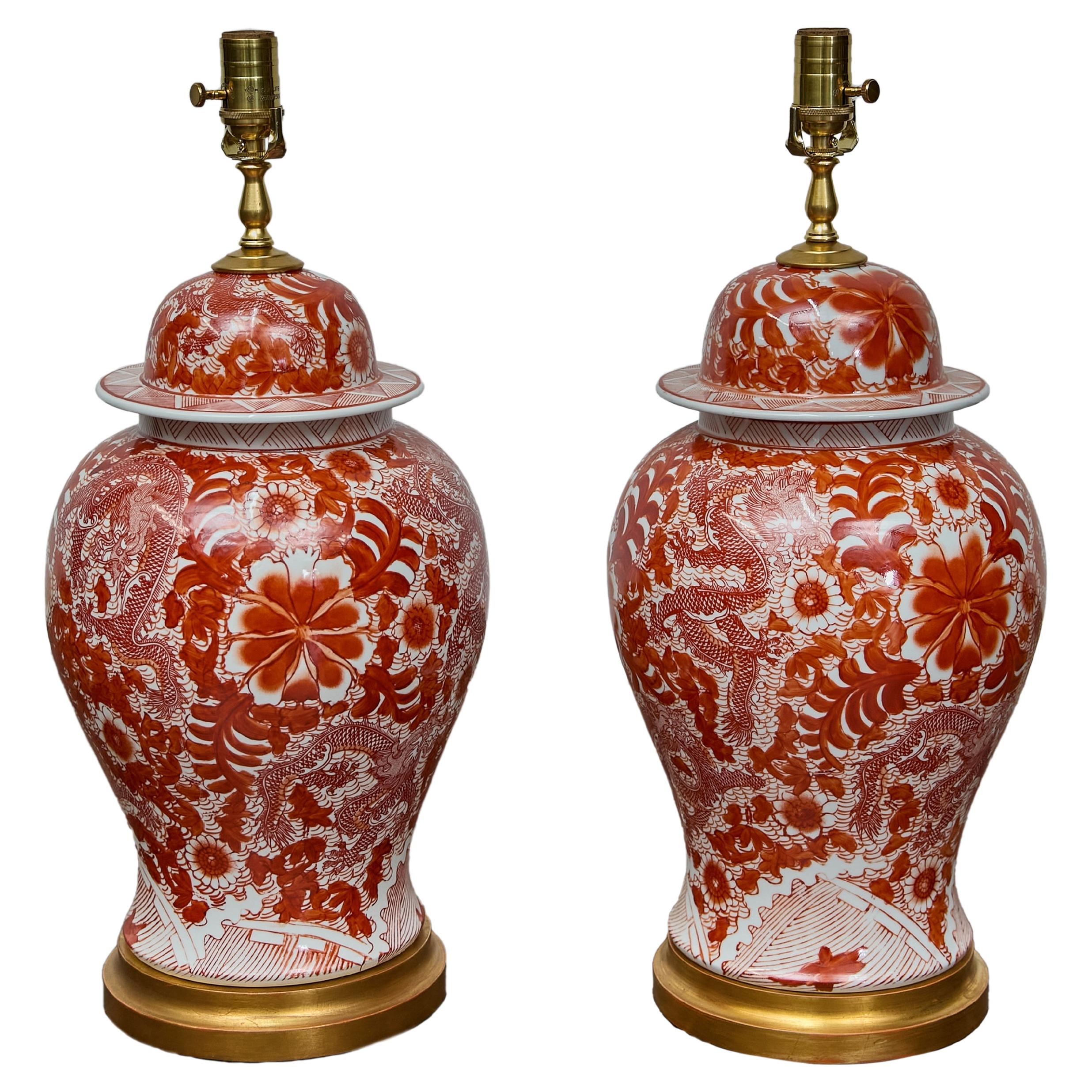 Pair of Red and White Porcelain Dragon Temple Jar Table Lamps