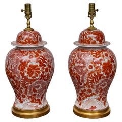 Pair of Red and White Porcelain Dragon Temple Jar Table Lamps