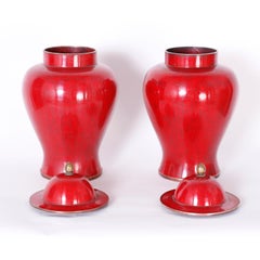 Pair of Mid Century Red Chinese Cloisonné Lidded Jars