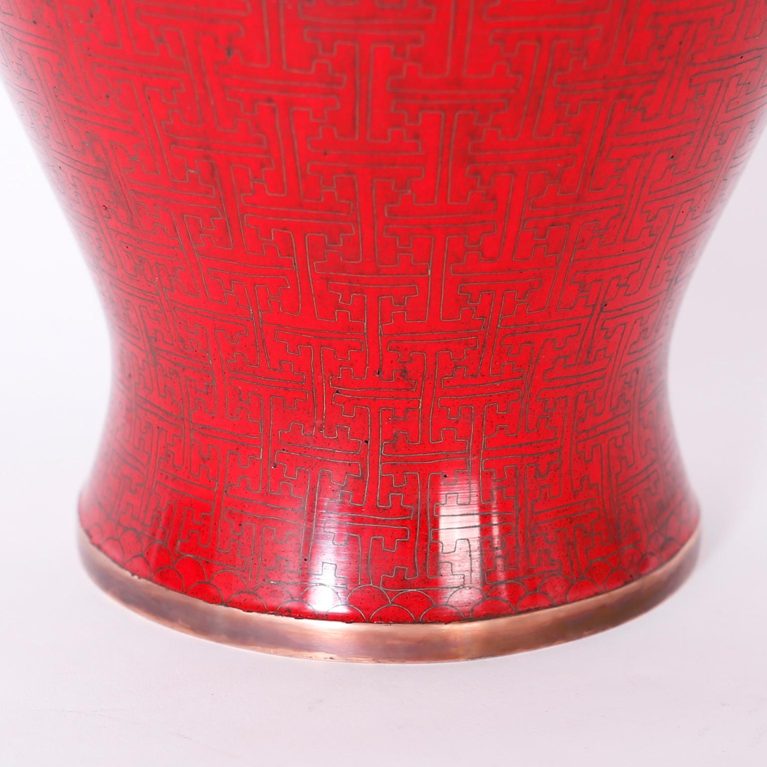 Pair of Mid Century Red Chinese Cloisonné Lidded Jars 2