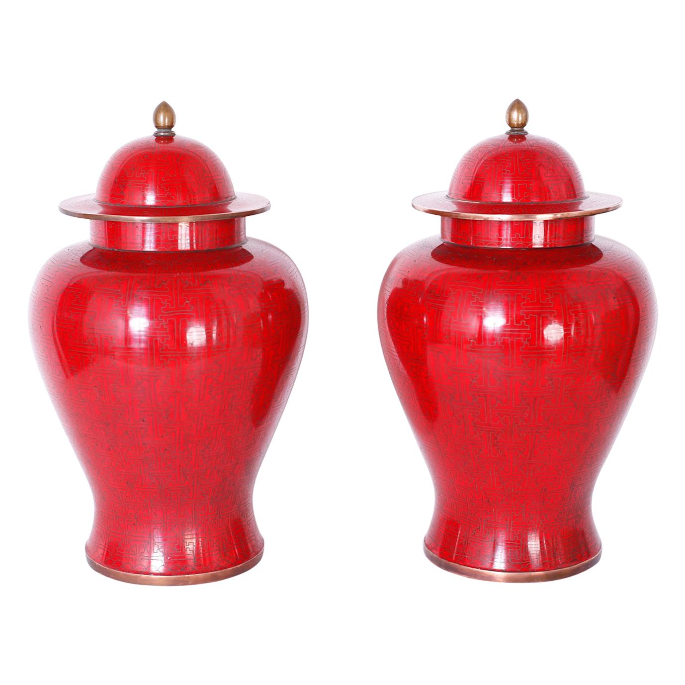 Pair of Mid Century Red Chinese Cloisonné Lidded Jars