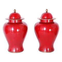 Vintage Pair of Mid Century Red Chinese Cloisonné Lidded Jars