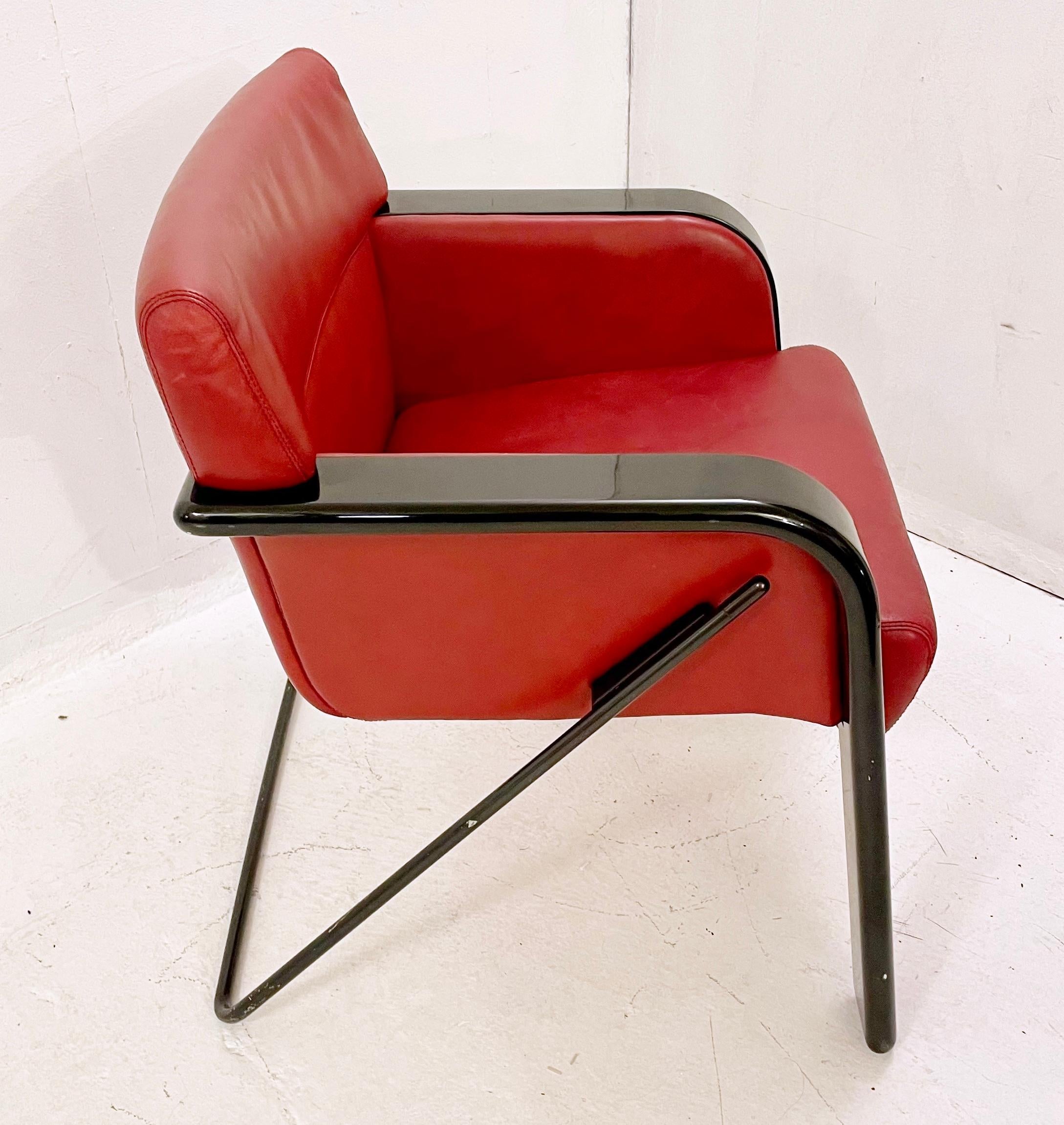 Italian Pair of Mid-Century Red Leather Armchairs by Claudio Salocchi, Italy, 1970s For Sale