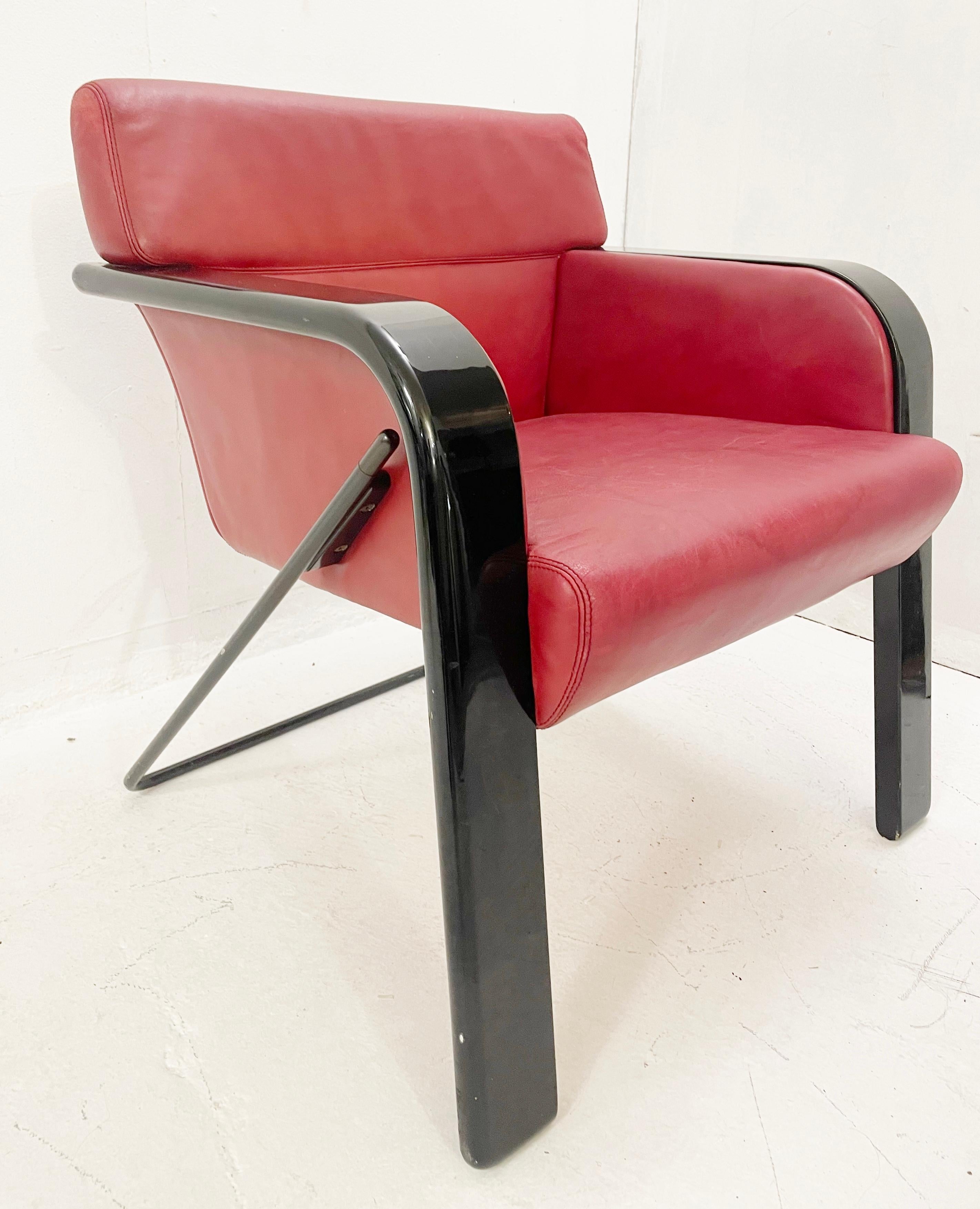 Late 20th Century Pair of Mid-Century Red Leather Armchairs by Claudio Salocchi, Italy, 1970s For Sale