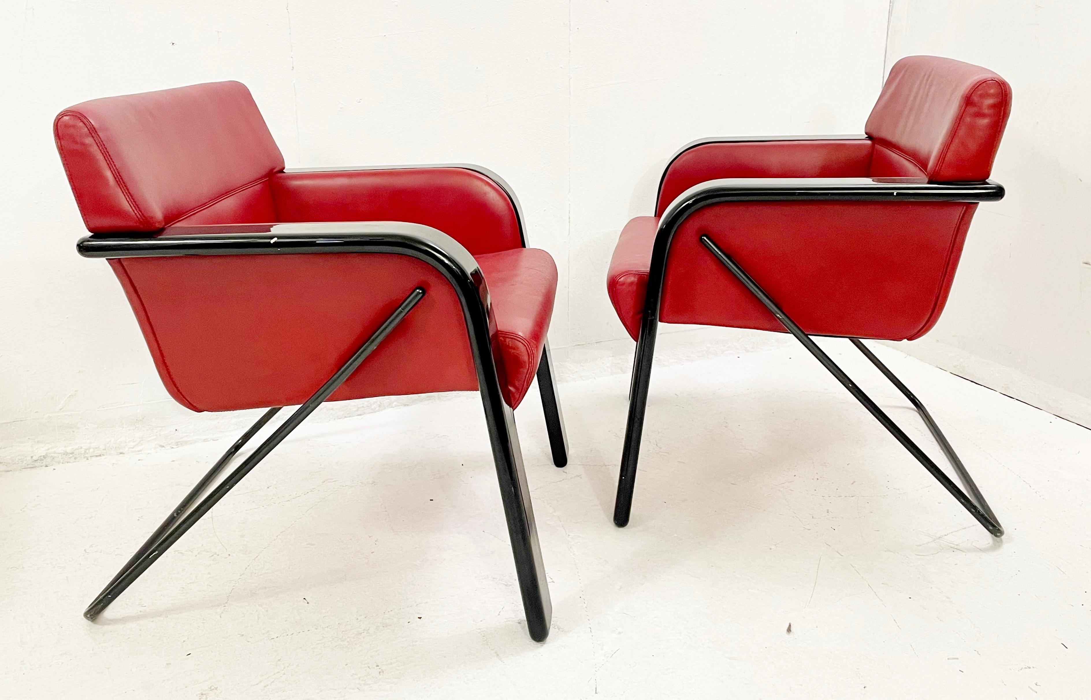 Pair of Mid-Century Red Leather Armchairs by Claudio Salocchi, Italy, 1970s 3