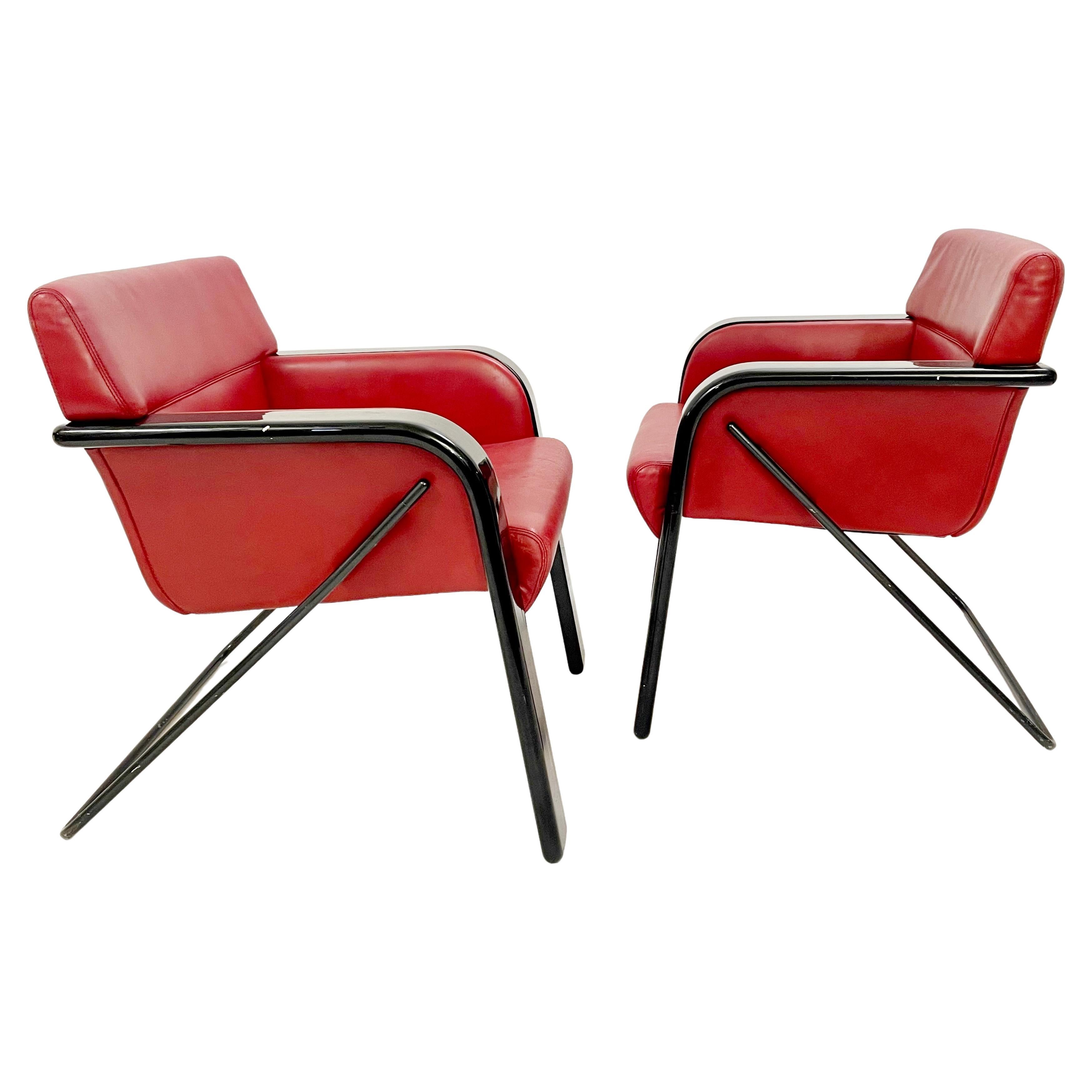 Pair of Mid-Century Red Leather Armchairs by Claudio Salocchi, Italy, 1970s For Sale