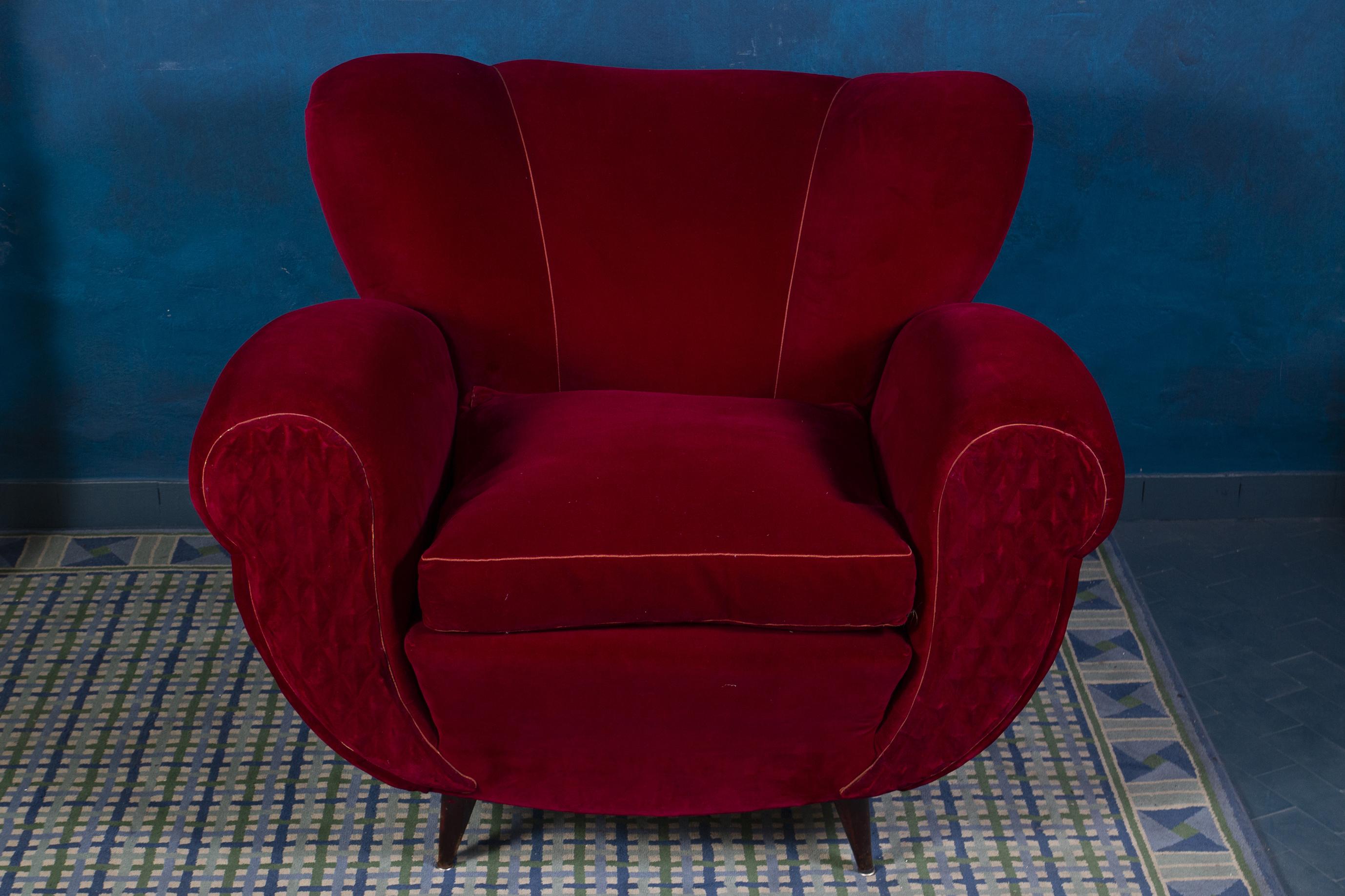 Mid-20th Century Pair of Mid-Century Red Velvet Lounge Chairs or Armchairs For Sale