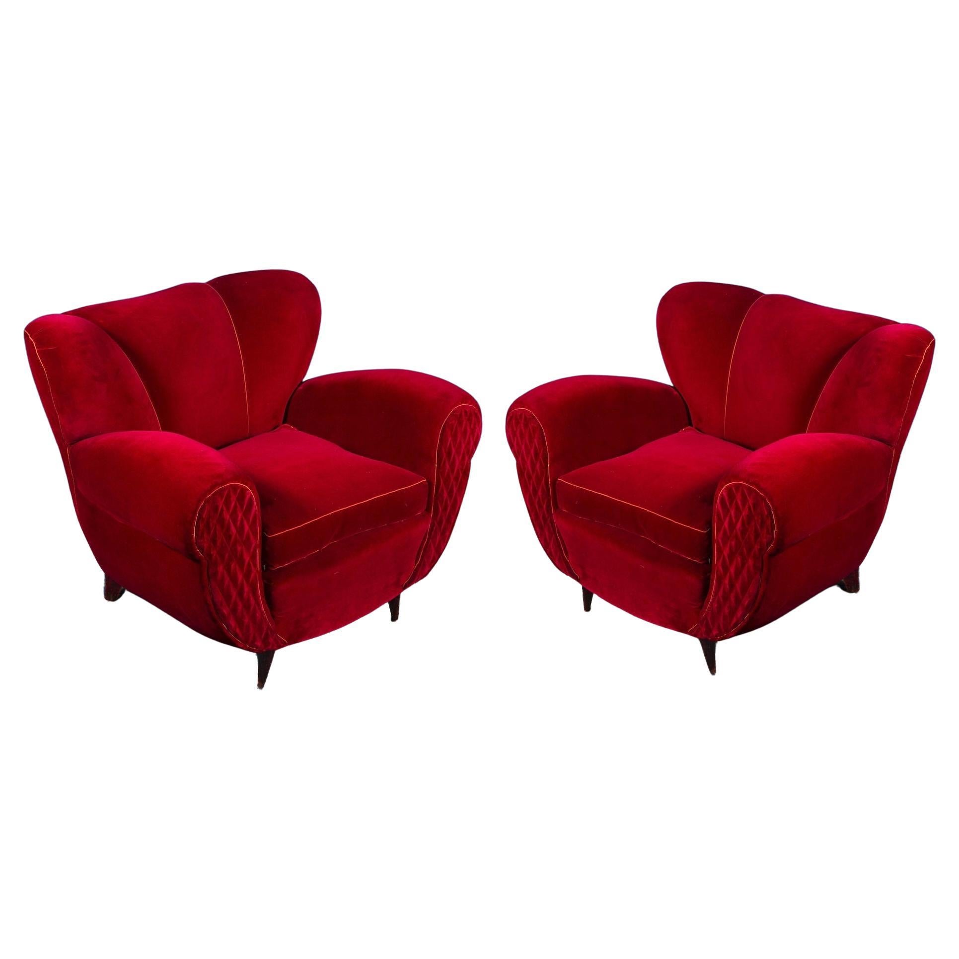 Pair of Mid-Century Red Velvet Lounge Chairs or Armchairs