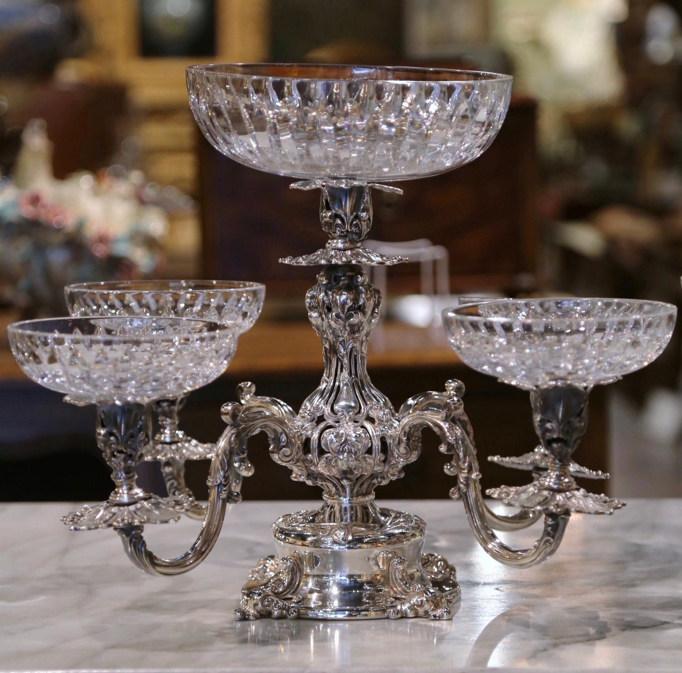 Hand-Crafted Pair of Mid-Century Reed & Barton George III Style Silver and Cut-Glass Epergnes