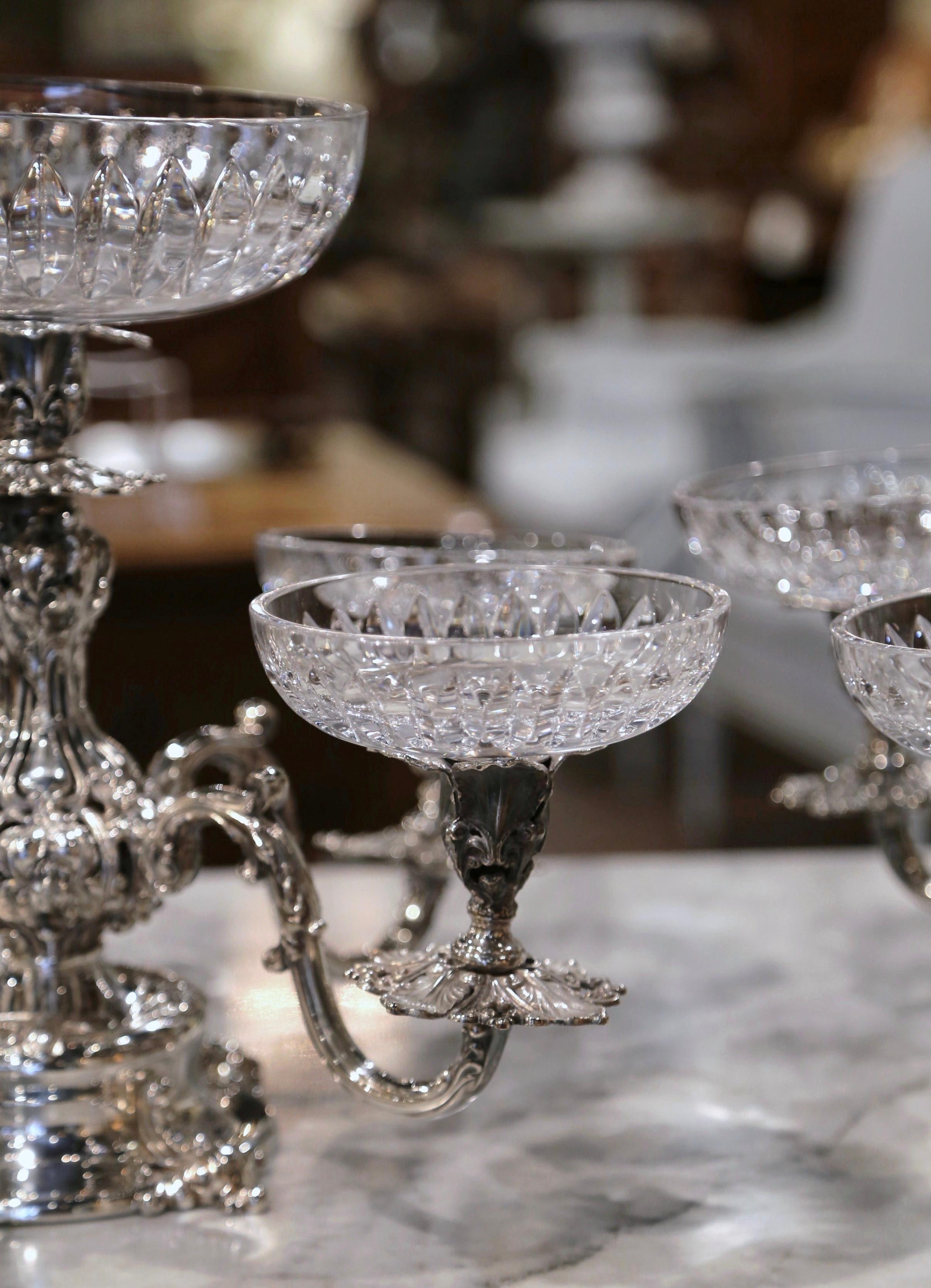Pair of Mid-Century Reed & Barton George III Style Silver and Cut-Glass Epergnes In Excellent Condition In Dallas, TX