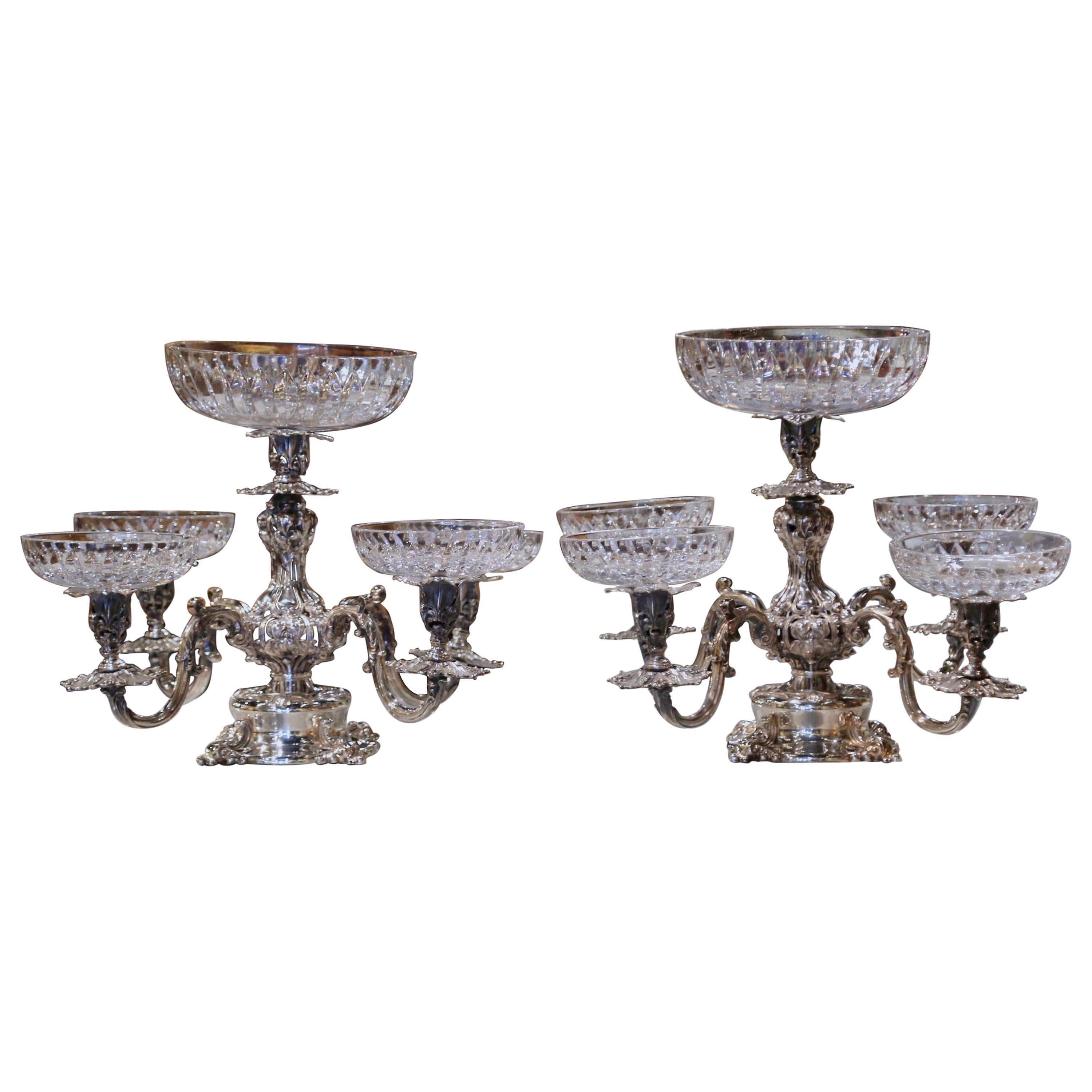 Pair of Mid-Century Reed & Barton George III Style Silver and Cut-Glass Epergnes