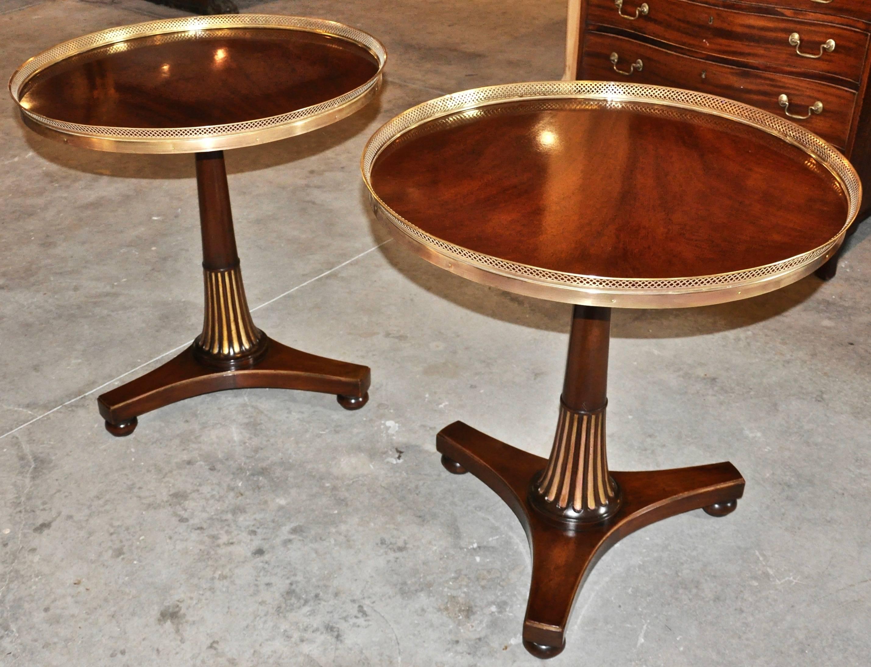 American Pair of Midcentury Regency Style Mahogany Side Tables with Brass Gallery