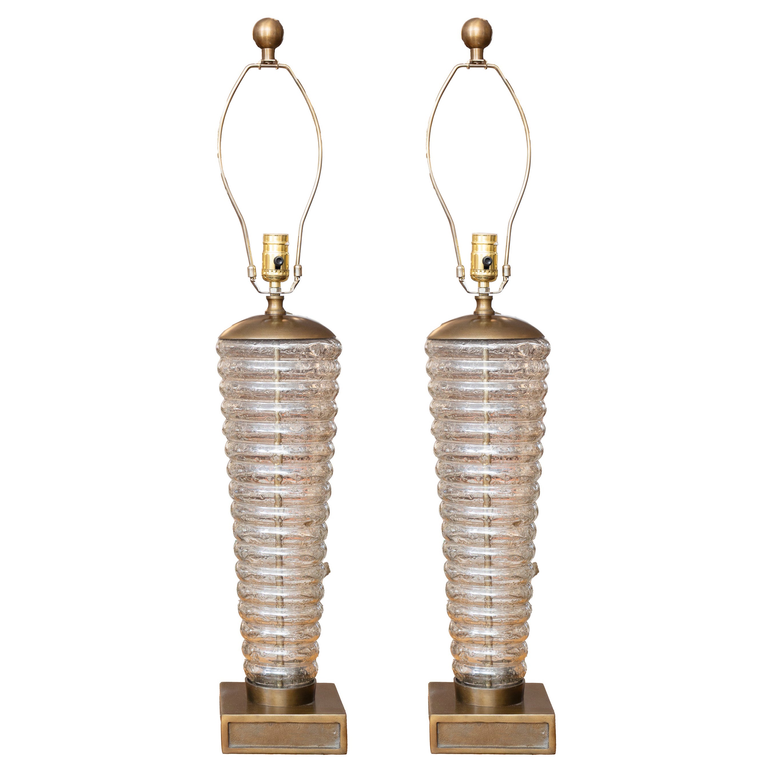 One of a Pair of Mid-Century Ribbed Glass Table Lamps - Sold Individually