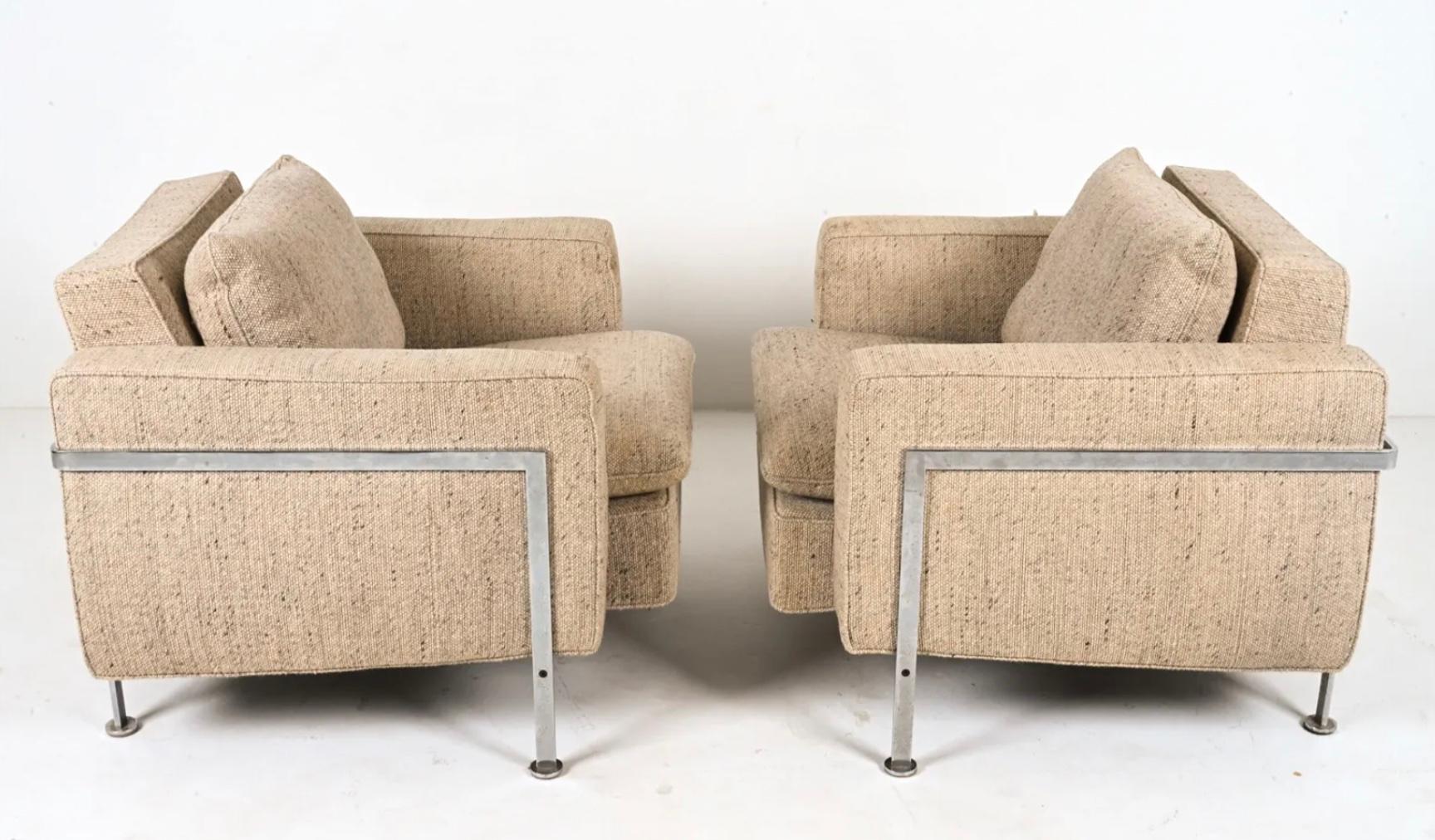 Pair of Mid Century Robert Haussmann Lounge chairs for Stendig De Sede. Nice pair of cube club chairs with flat bar chrome frames and tan woven fabric cushions. Labeled Stendig under cushions. Chrome is in great condition. Made in Switzerland.